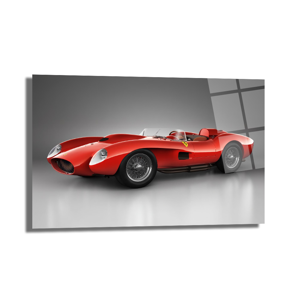 Ferrari Efsanesi Kırmızı Klasik Yarış Arabası Cam Tablo Duvar Dekoru Ferrari Efsanesi Kırmızı Klasik Yarış Arabası Cam Tablo