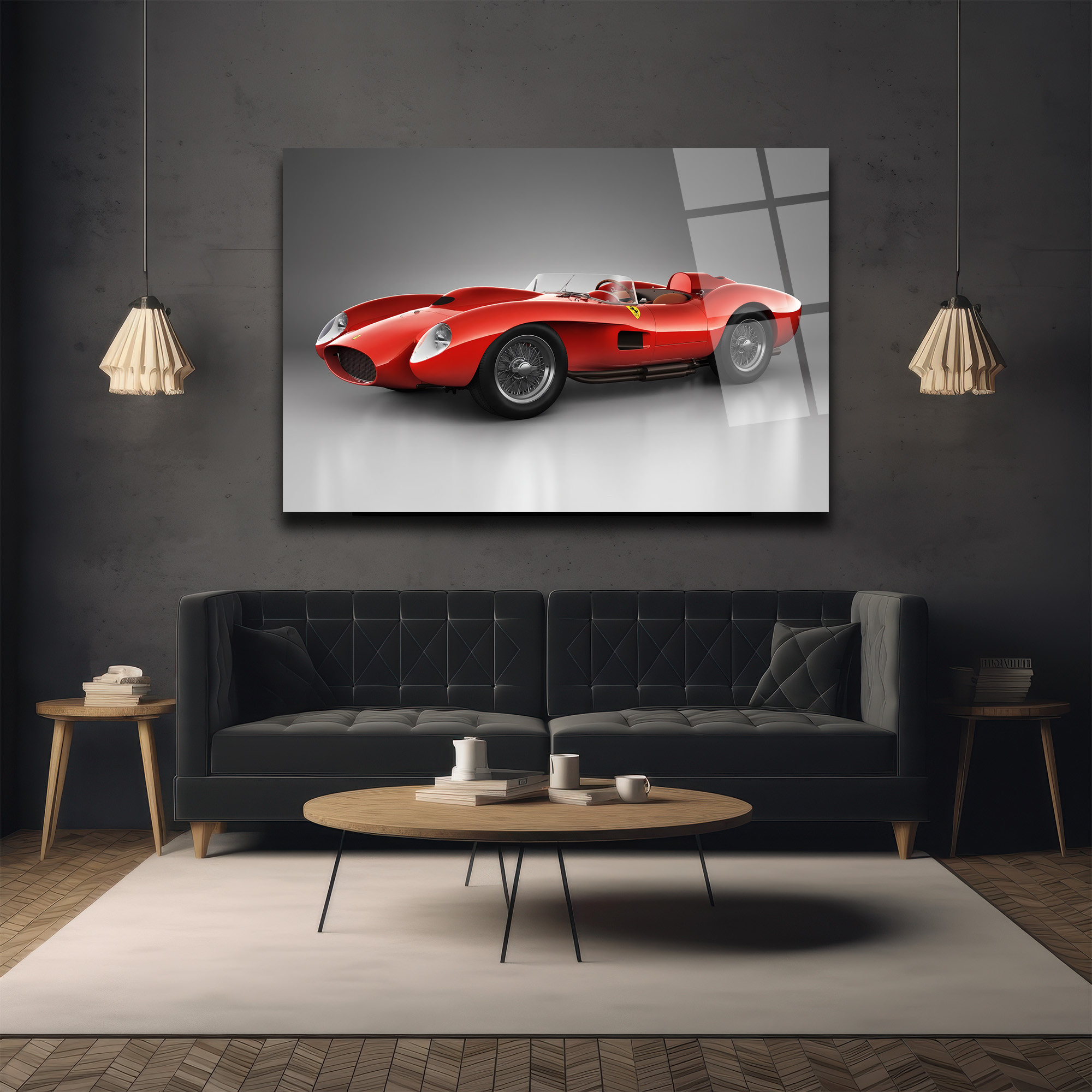 Ferrari Efsanesi Kırmızı Klasik Yarış Arabası Cam Tablo Duvar Dekoru Ferrari Efsanesi Kırmızı Klasik Yarış Arabası Cam Tablo