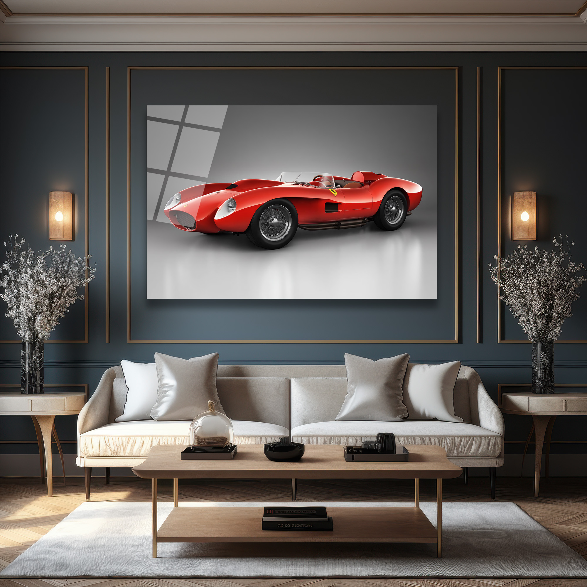 Ferrari Efsanesi Kırmızı Klasik Yarış Arabası Cam Tablo Duvar Dekoru Ferrari Efsanesi Kırmızı Klasik Yarış Arabası Cam Tablo
