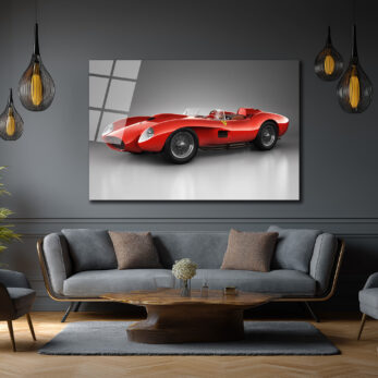 Ferrari Efsanesi Kırmızı Klasik Yarış Arabası Cam Tablo - Glazella