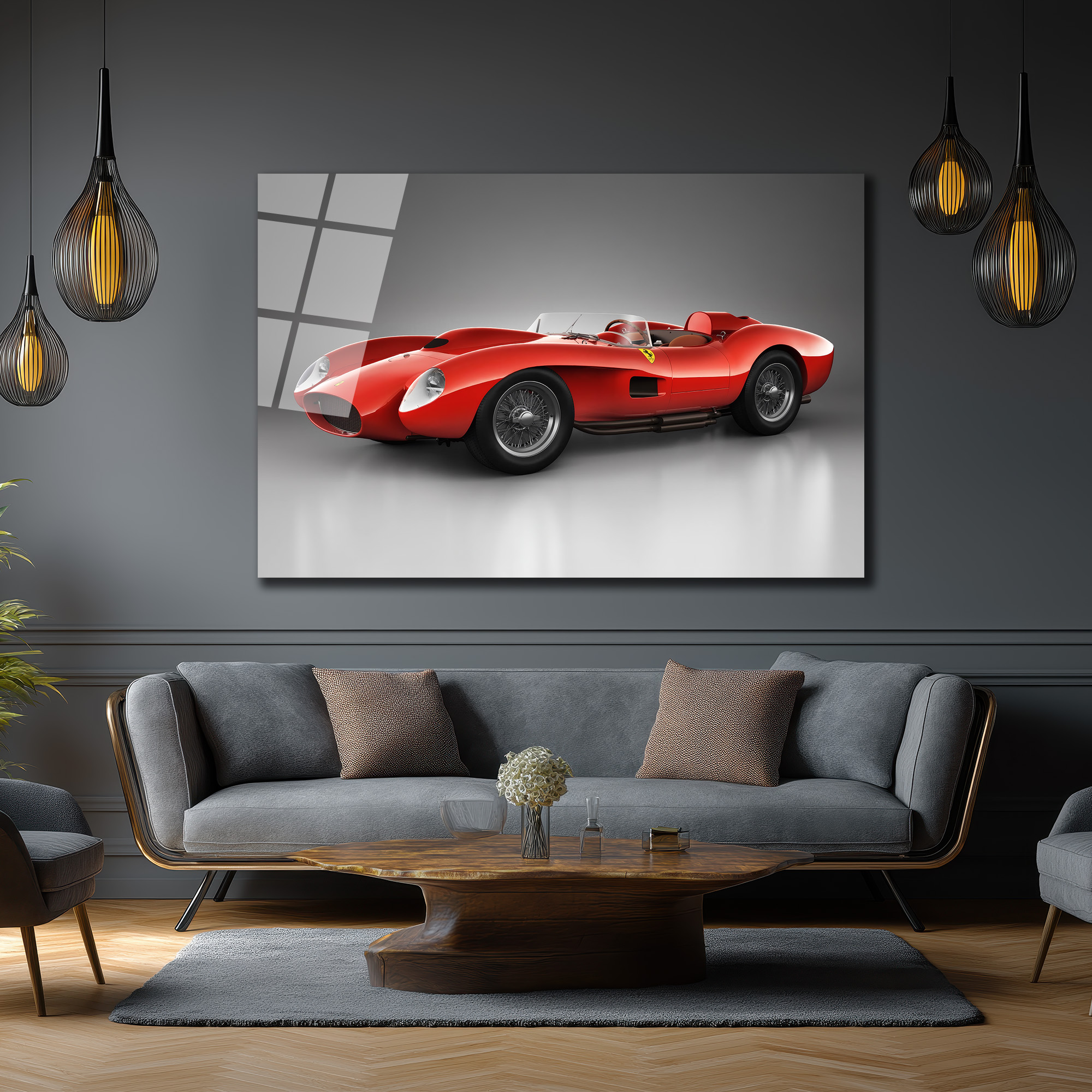 Ferrari Efsanesi Kırmızı Klasik Yarış Arabası Cam Tablo Duvar Dekoru Ferrari Efsanesi Kırmızı Klasik Yarış Arabası Cam Tablo