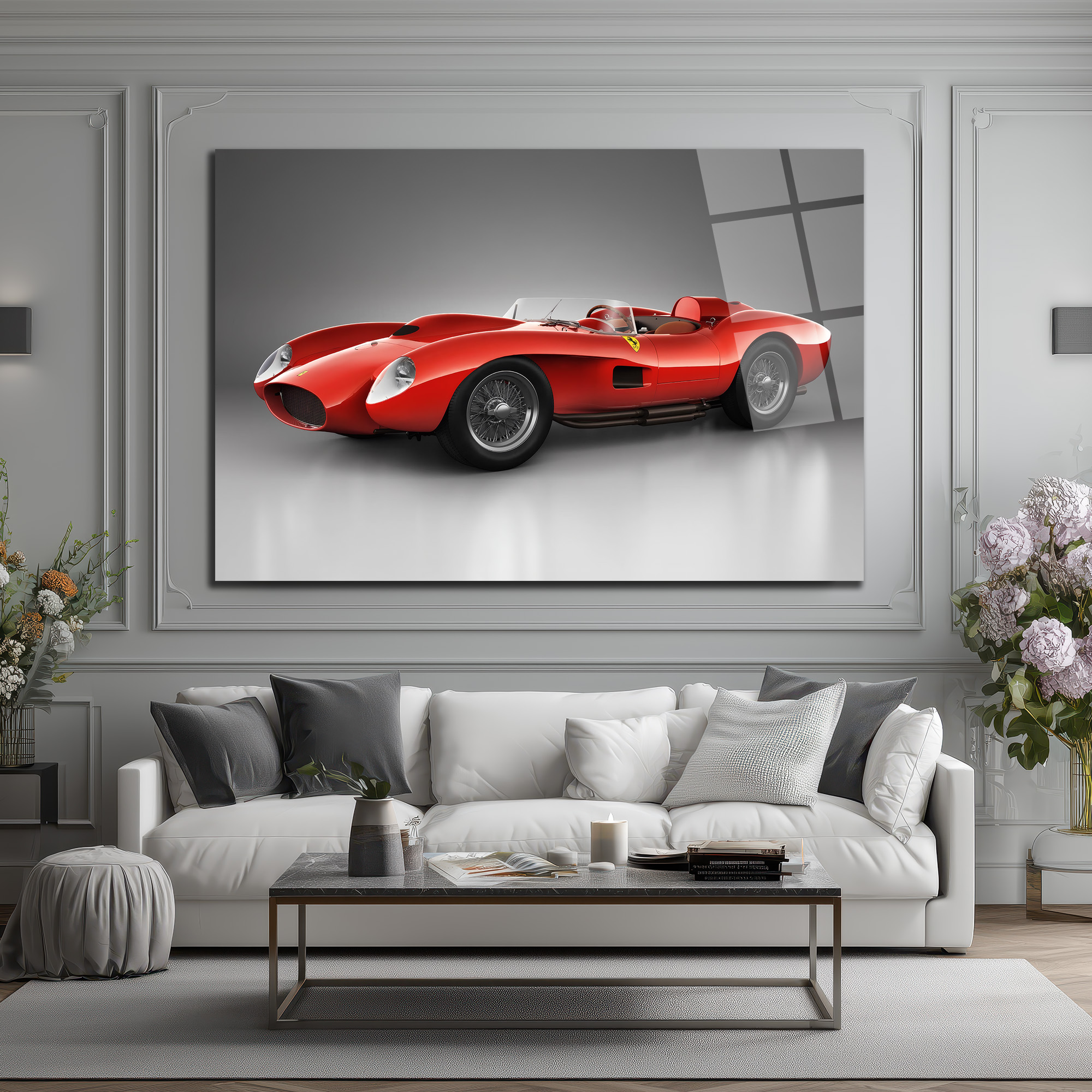 Ferrari Efsanesi Kırmızı Klasik Yarış Arabası Cam Tablo Duvar Dekoru Ferrari Efsanesi Kırmızı Klasik Yarış Arabası Cam Tablo
