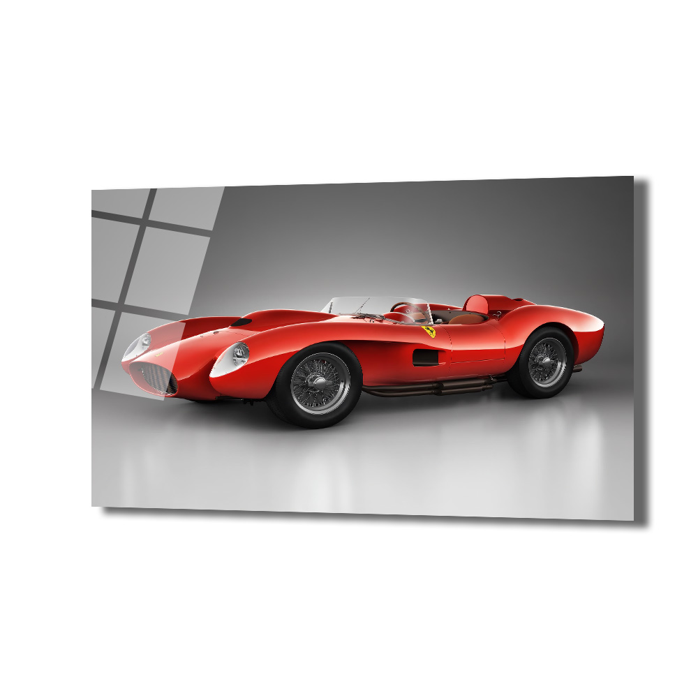 Ferrari Efsanesi Kırmızı Klasik Yarış Arabası Cam Tablo Duvar Dekoru Gri stüdyo arka planında parlak kırmızı renkte, klasik bir Ferrari 250 Testa Rossa yarış arabasının yandan çekilmiş, şık ve dinamik cam tablo görüntüsü.