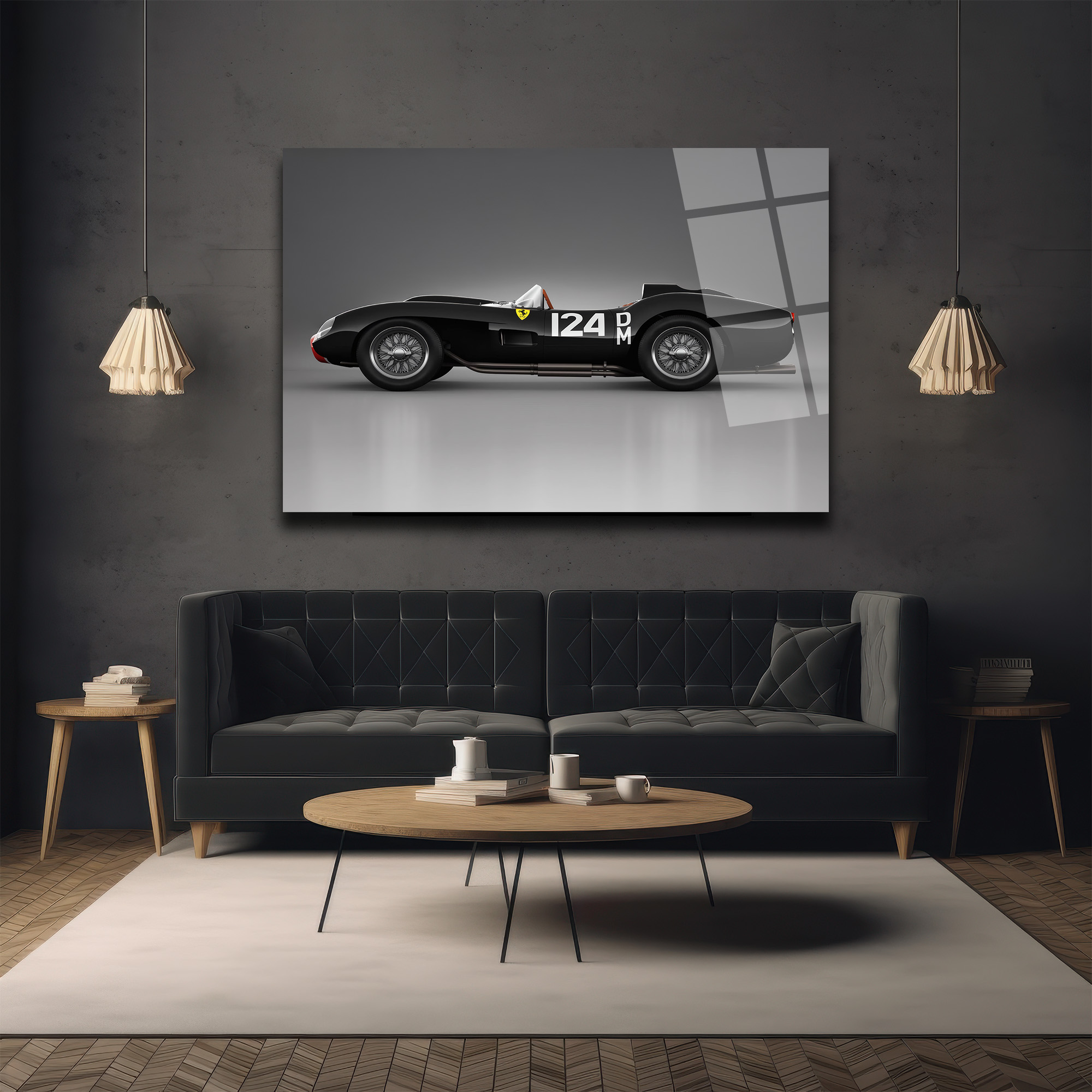 Efsanevi Ferrari 124 DM Yarış Arabası Cam Tablo Duvar Dekoru Efsanevi Ferrari 124 DM Yarış Arabası Cam Tablo
