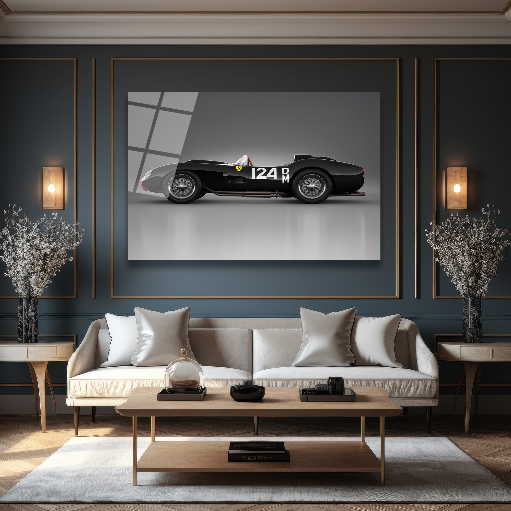 Efsanevi Ferrari 124 DM Yarış Arabası Cam Tablo Duvar Dekoru Efsanevi Ferrari 124 DM Yarış Arabası Cam Tablo