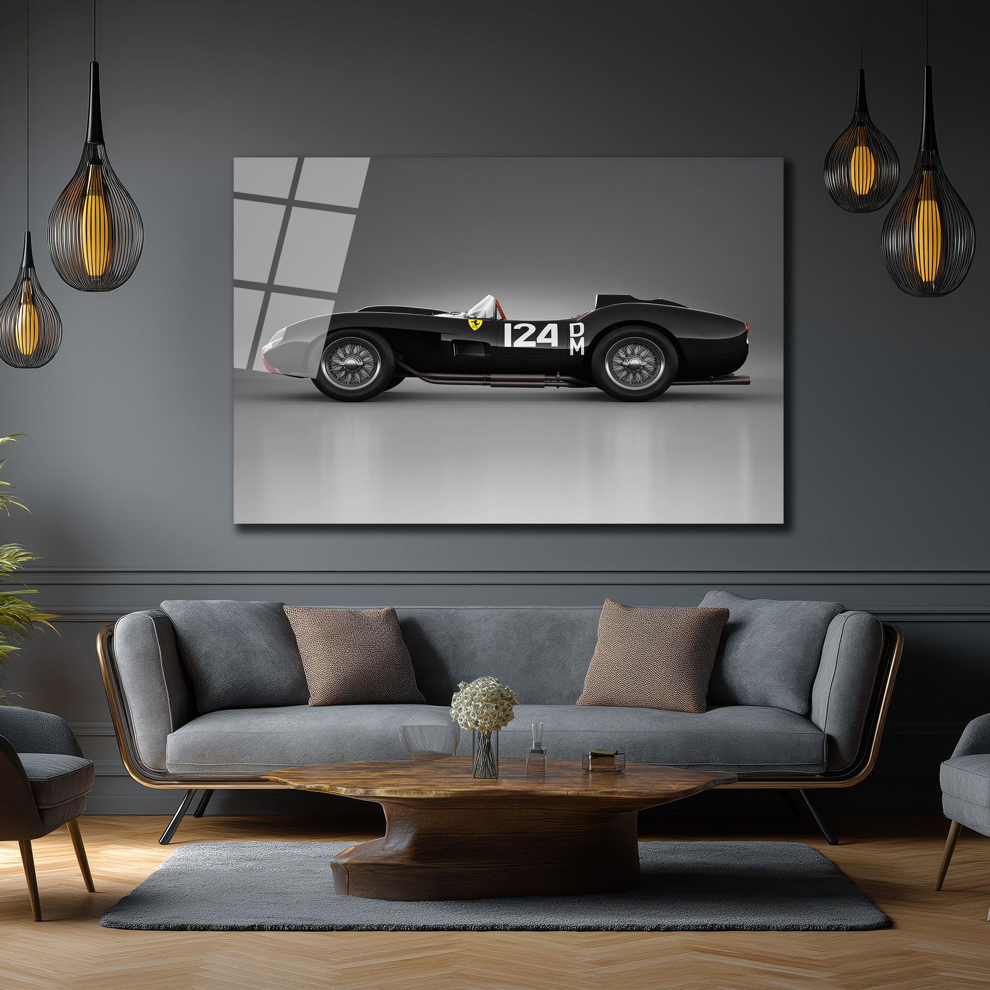 Efsanevi Ferrari 124 DM Yarış Arabası Cam Tablo Duvar Dekoru Efsanevi Ferrari 124 DM Yarış Arabası Cam Tablo