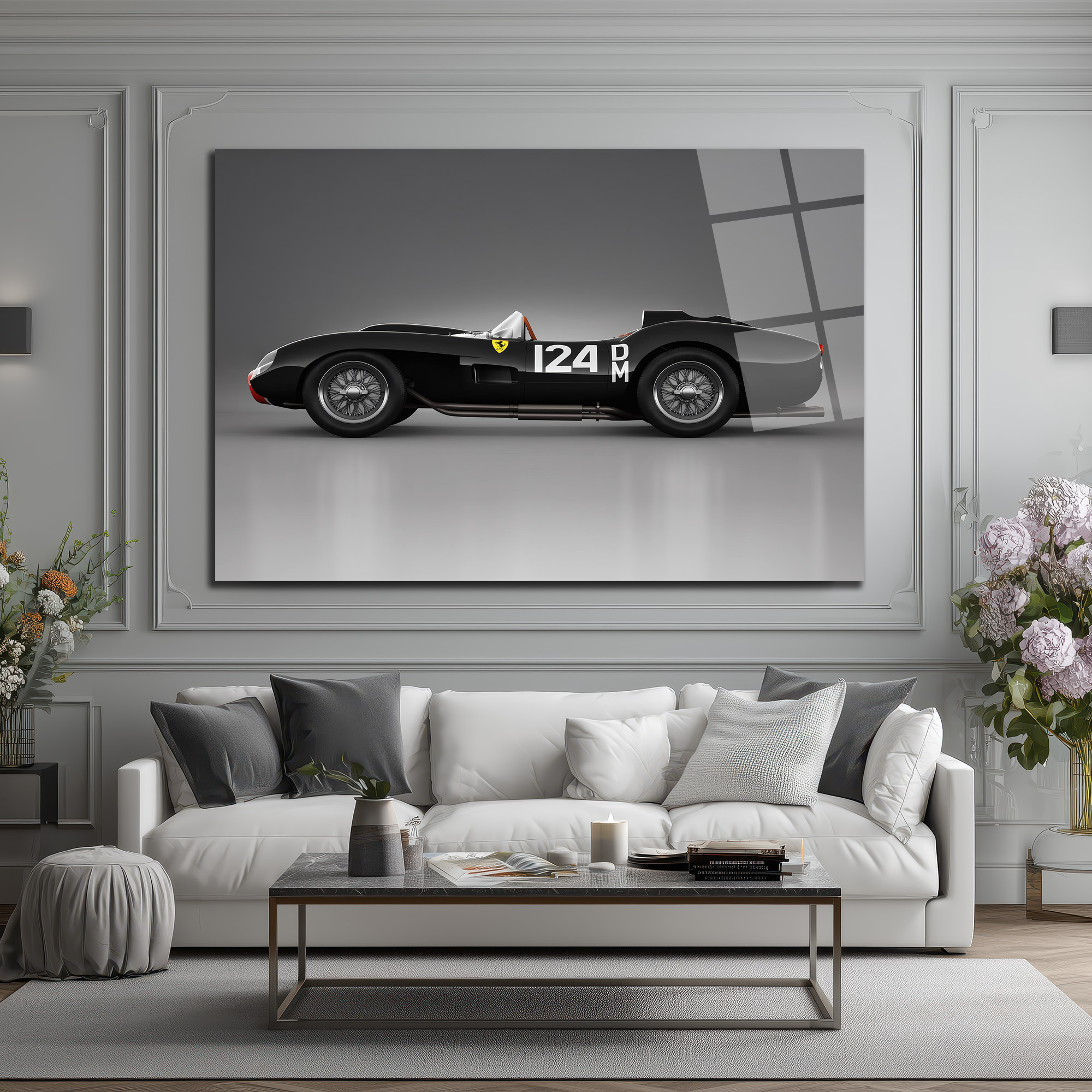 Efsanevi Ferrari 124 DM Yarış Arabası Cam Tablo Duvar Dekoru Efsanevi Ferrari 124 DM Yarış Arabası Cam Tablo