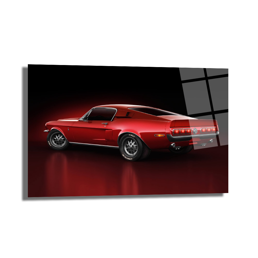 Efsanevi Kırmızı Mustang Gücü Cam Tablo Duvar Dekoru Efsanevi Kırmızı Mustang Gücü Cam Tablo