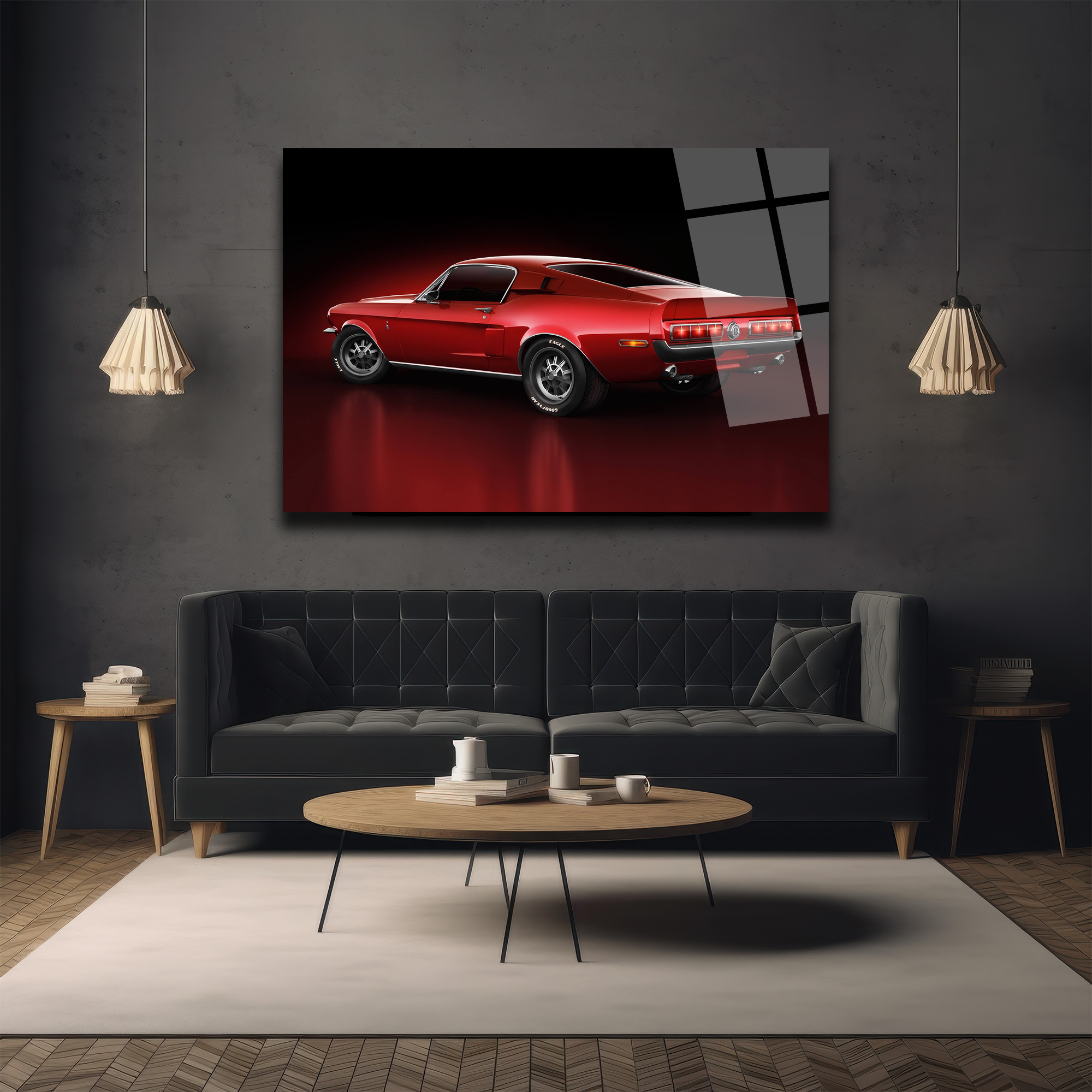 Efsanevi Kırmızı Mustang Gücü Cam Tablo Duvar Dekoru Efsanevi Kırmızı Mustang Gücü Cam Tablo