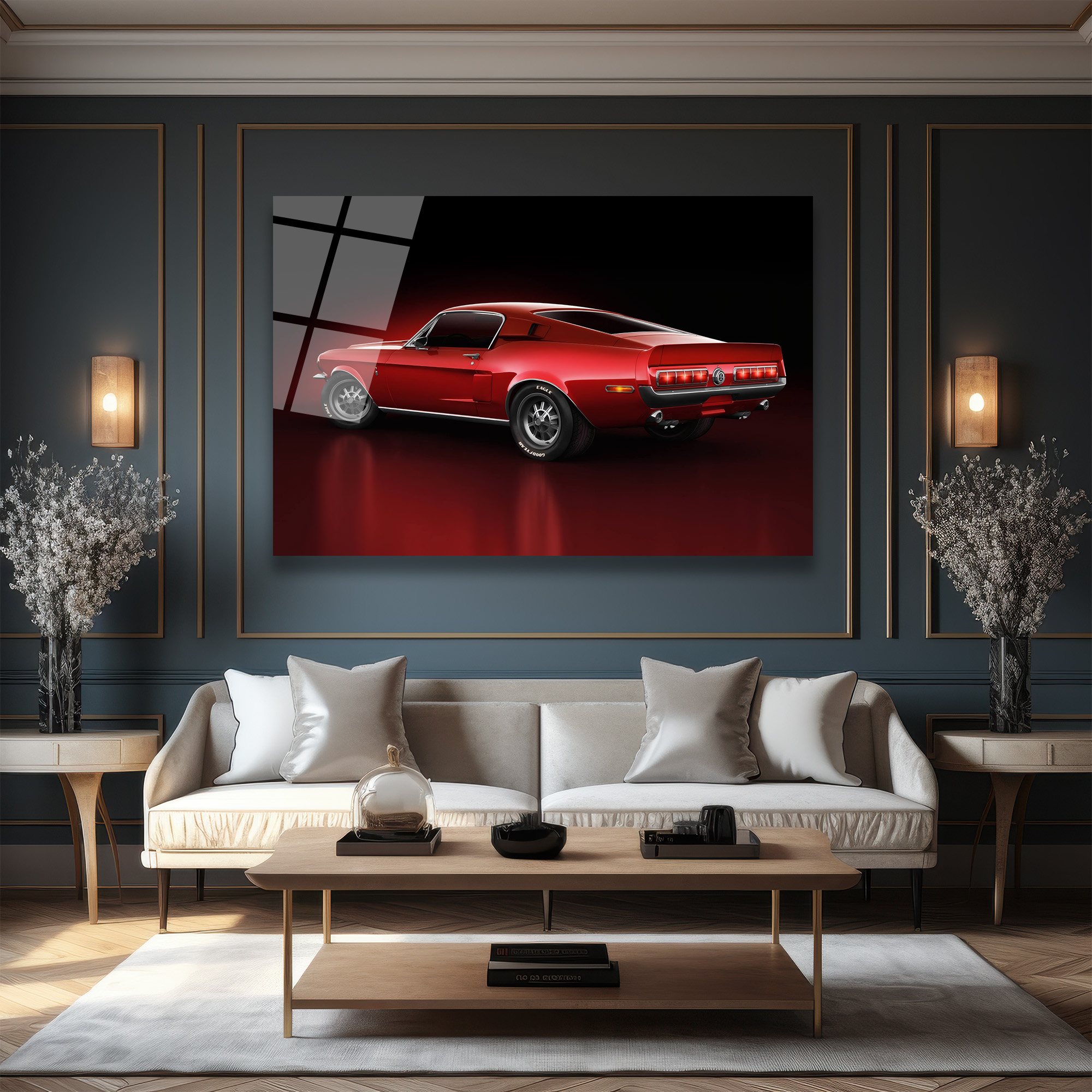 Efsanevi Kırmızı Mustang Gücü Cam Tablo Duvar Dekoru Efsanevi Kırmızı Mustang Gücü Cam Tablo