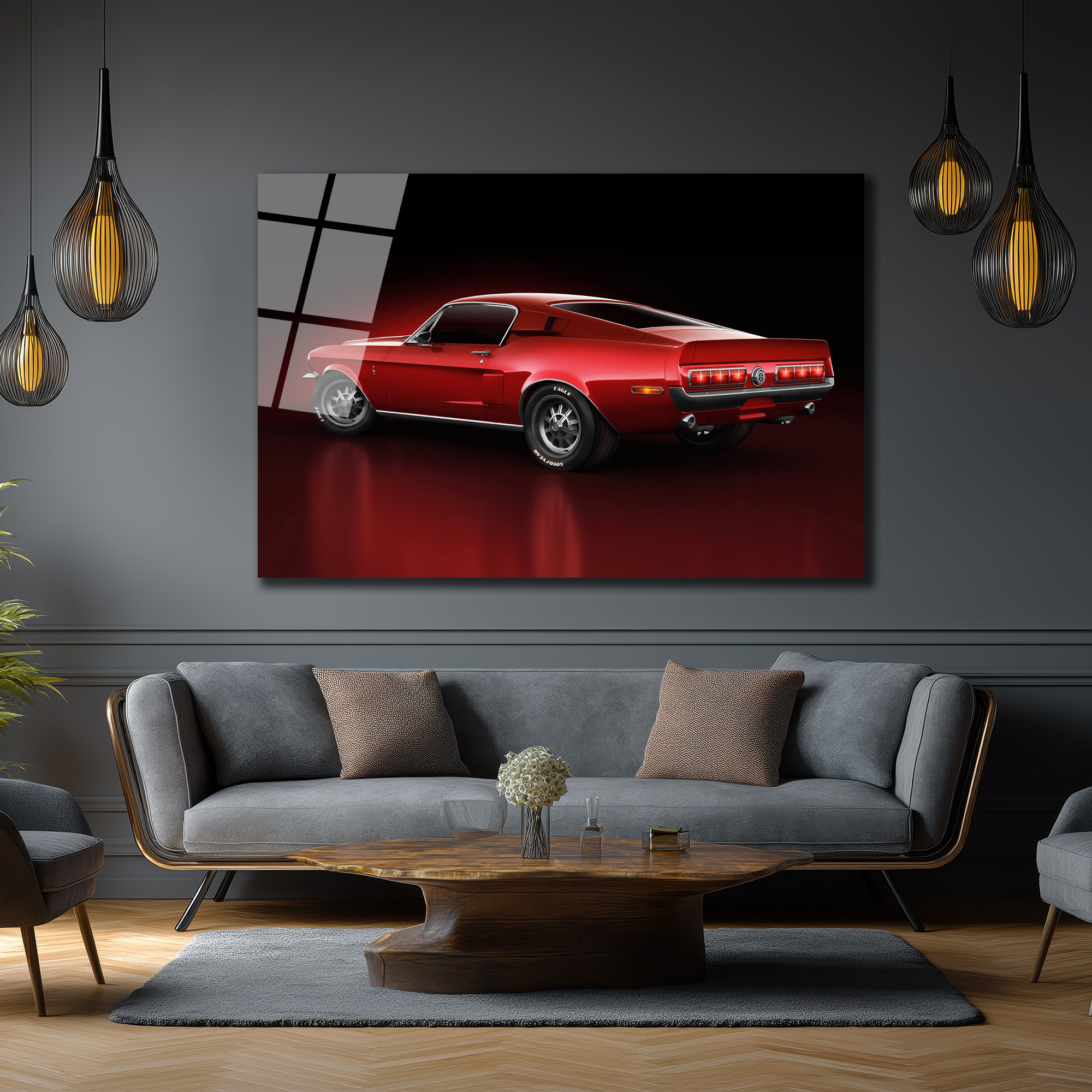 Efsanevi Kırmızı Mustang Gücü Cam Tablo Duvar Dekoru Efsanevi Kırmızı Mustang Gücü Cam Tablo