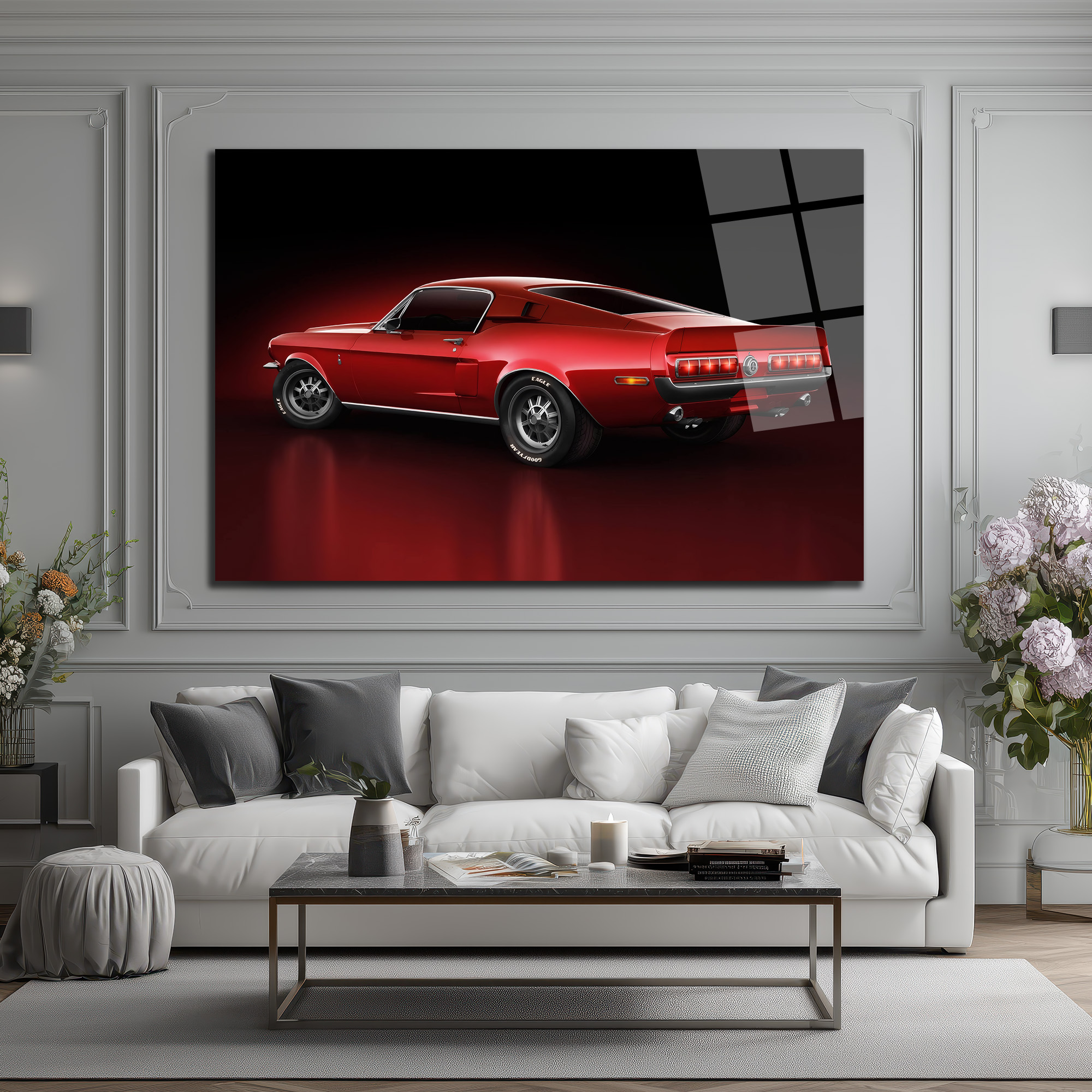 Efsanevi Kırmızı Mustang Gücü Cam Tablo Duvar Dekoru Efsanevi Kırmızı Mustang Gücü Cam Tablo