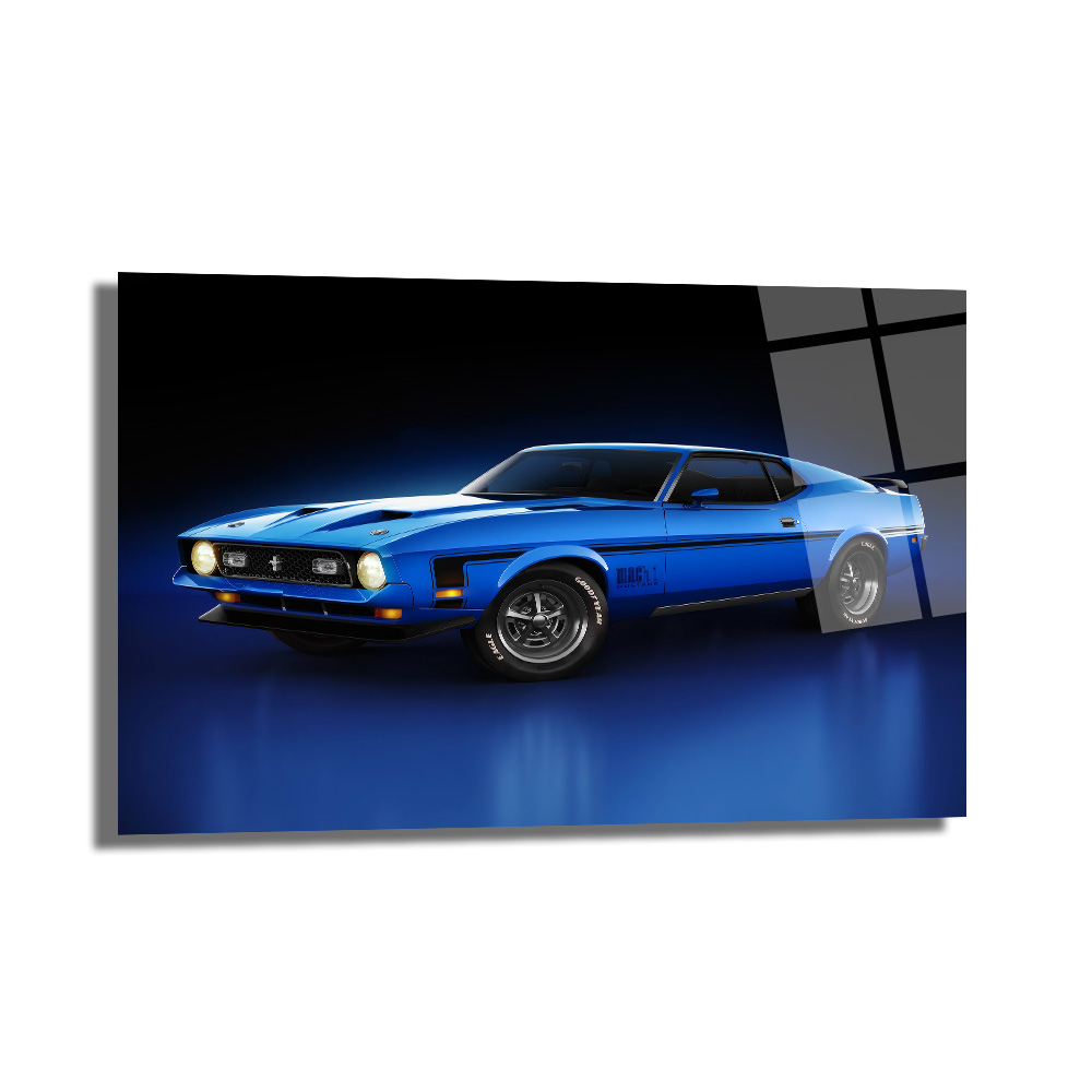 Efsanevi Mavi Ford Mustang Mach 1 Cam Tablo Duvar Dekoru Efsanevi Mavi Ford Mustang Mach 1 Cam Tablo