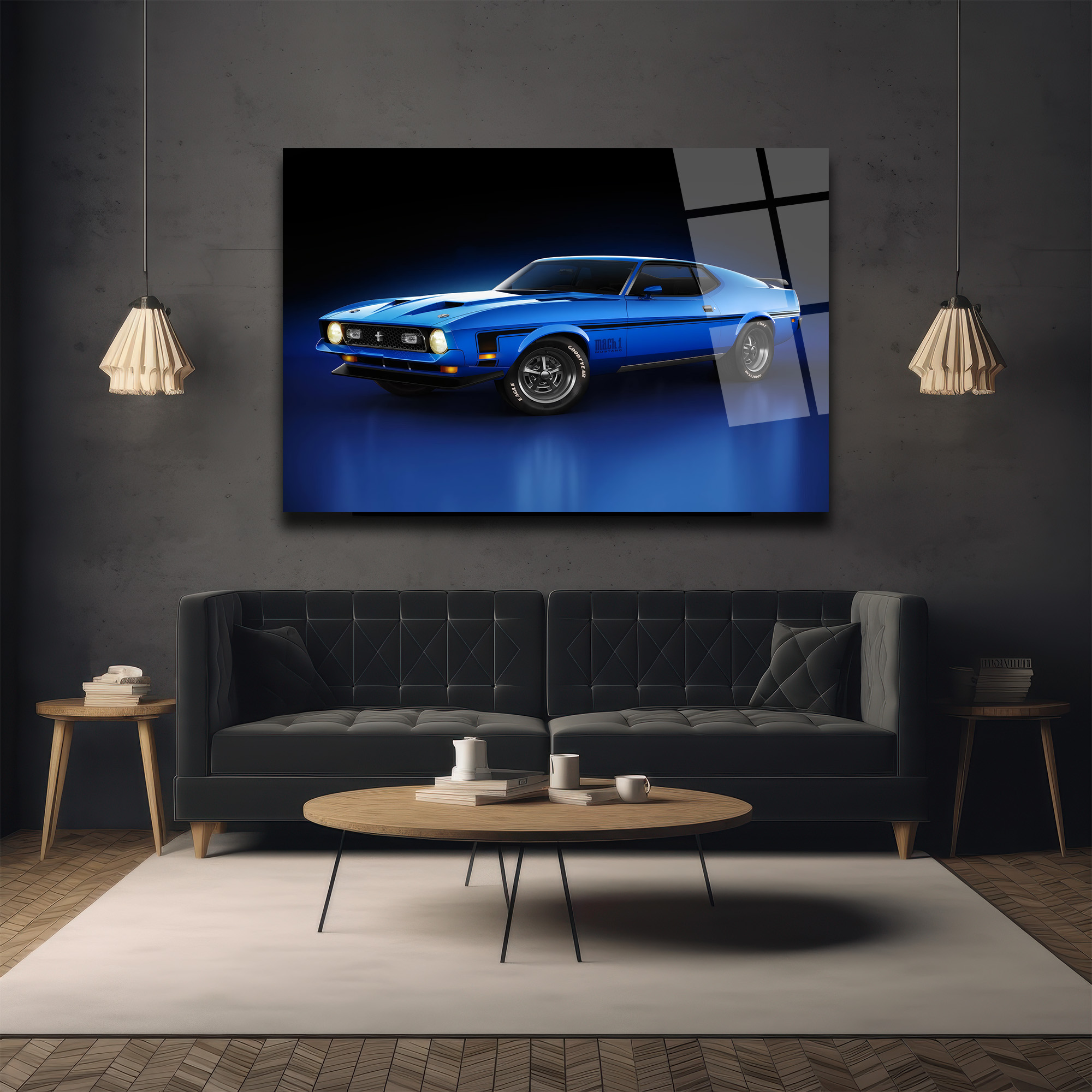 Efsanevi Mavi Ford Mustang Mach 1 Cam Tablo Duvar Dekoru Efsanevi Mavi Ford Mustang Mach 1 Cam Tablo