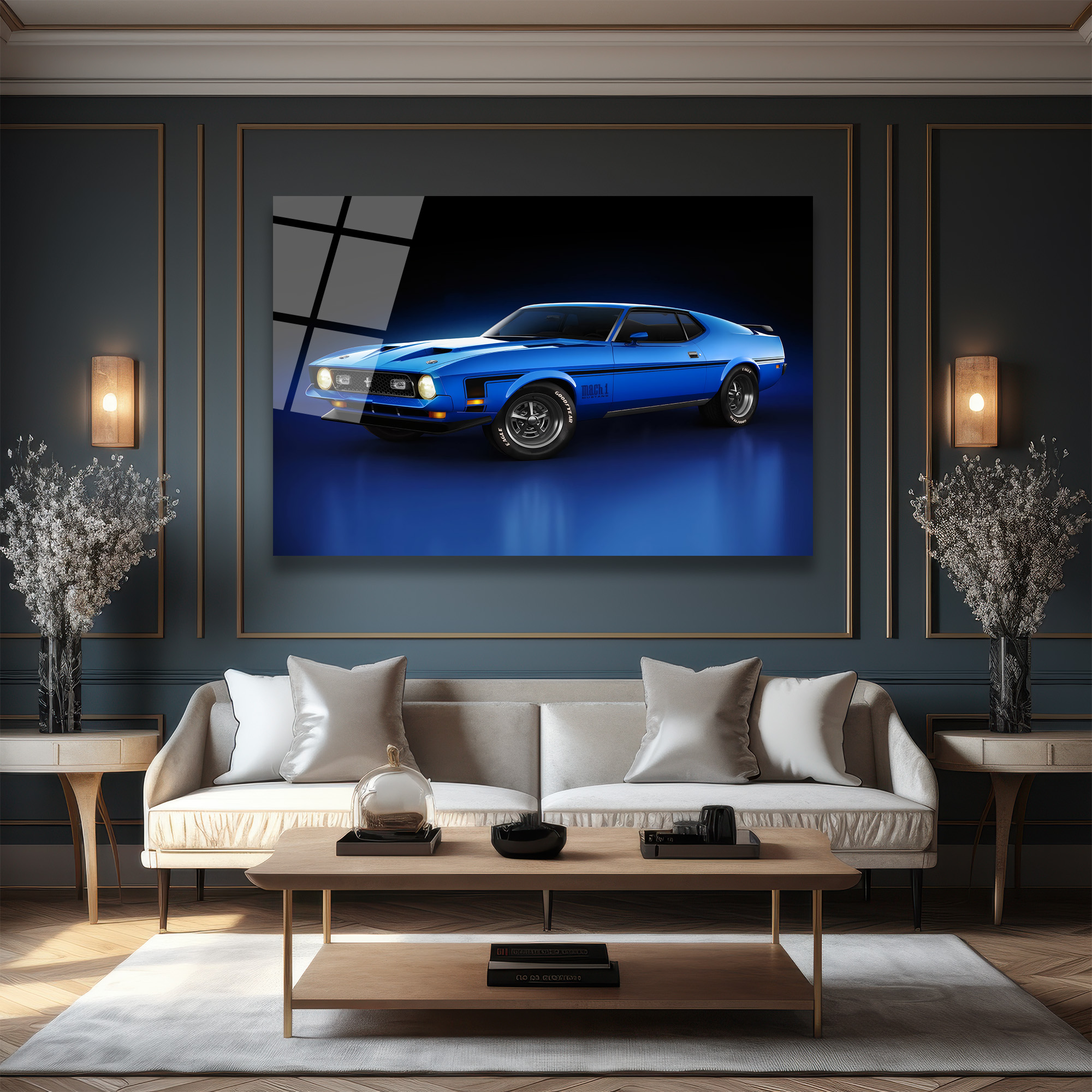 Efsanevi Mavi Ford Mustang Mach 1 Cam Tablo Duvar Dekoru Efsanevi Mavi Ford Mustang Mach 1 Cam Tablo