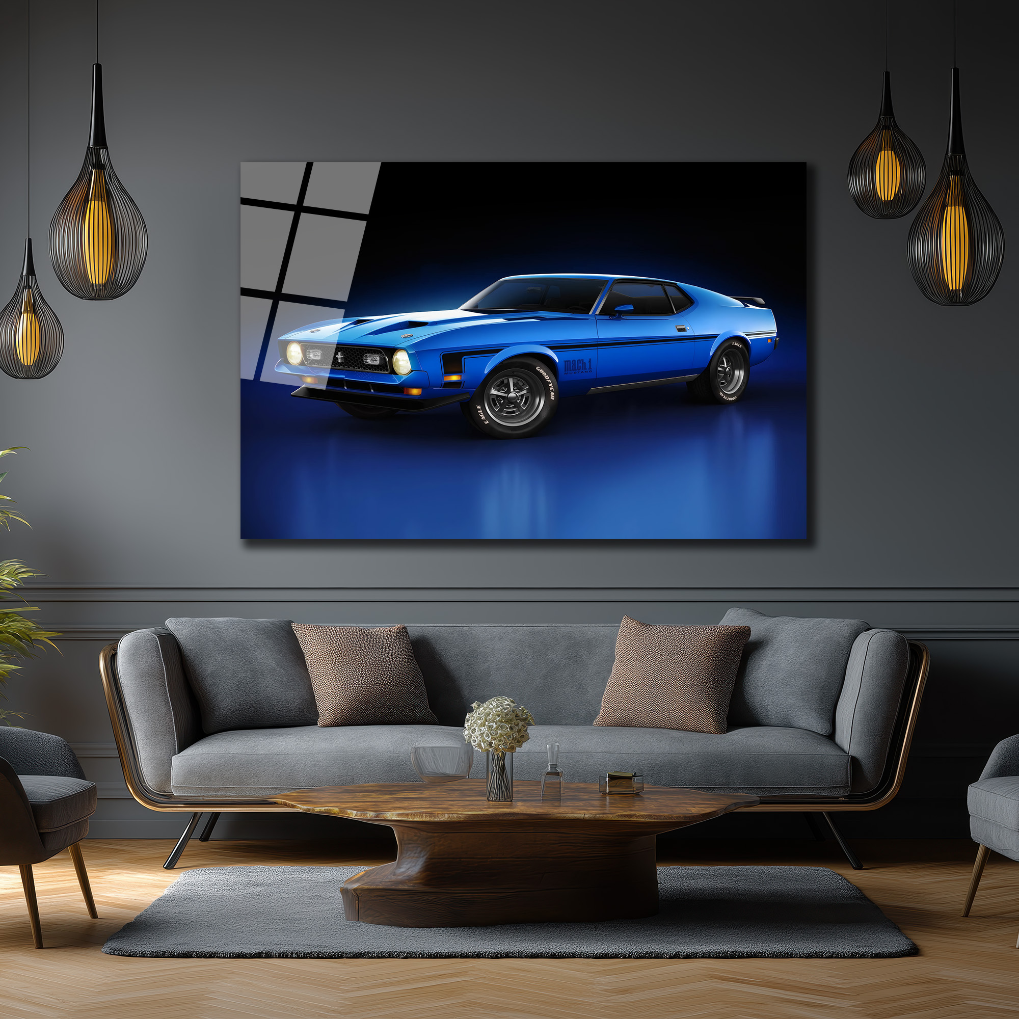 Efsanevi Mavi Ford Mustang Mach 1 Cam Tablo Duvar Dekoru Efsanevi Mavi Ford Mustang Mach 1 Cam Tablo