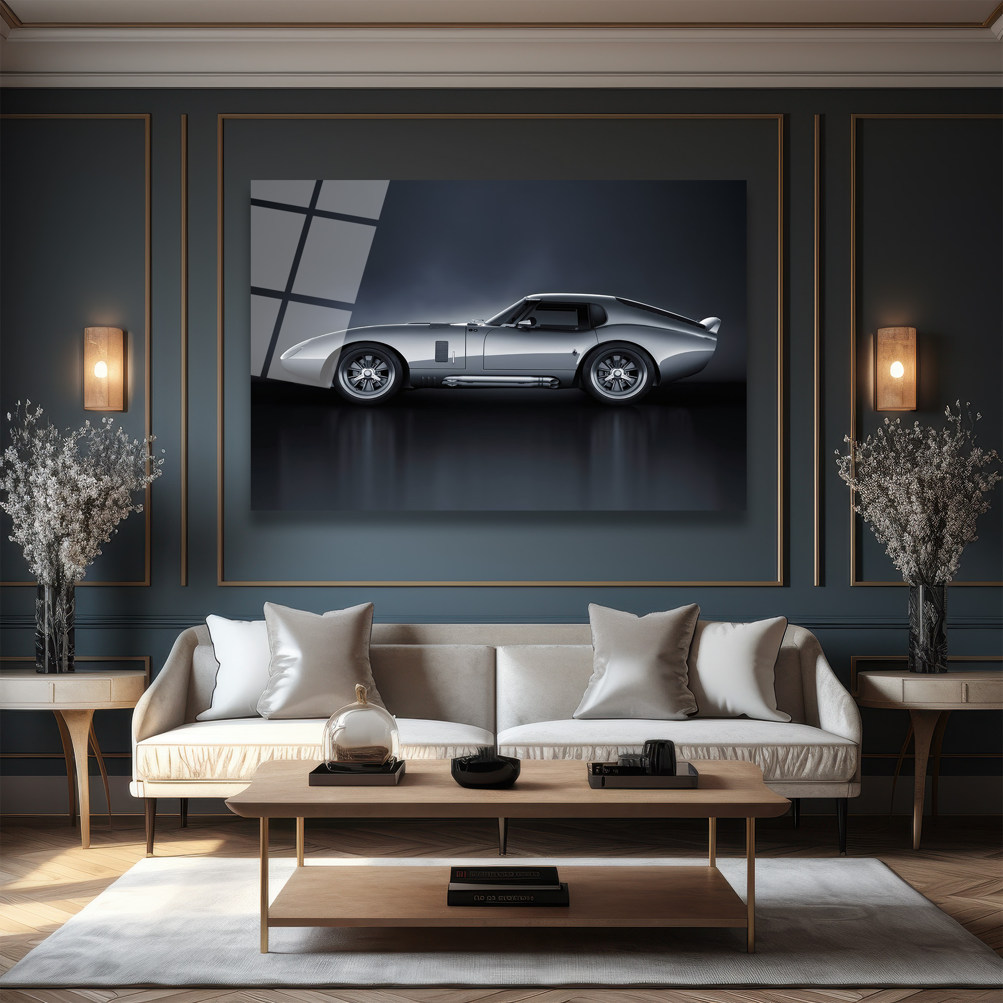 Efsanevi Gümüş Spor Otomobil Cam Tablo - Shelby Daytona Coupe Duvar Dekoru Efsanevi Gümüş Spor Otomobil Cam Tablo - Shelby Daytona Coupe