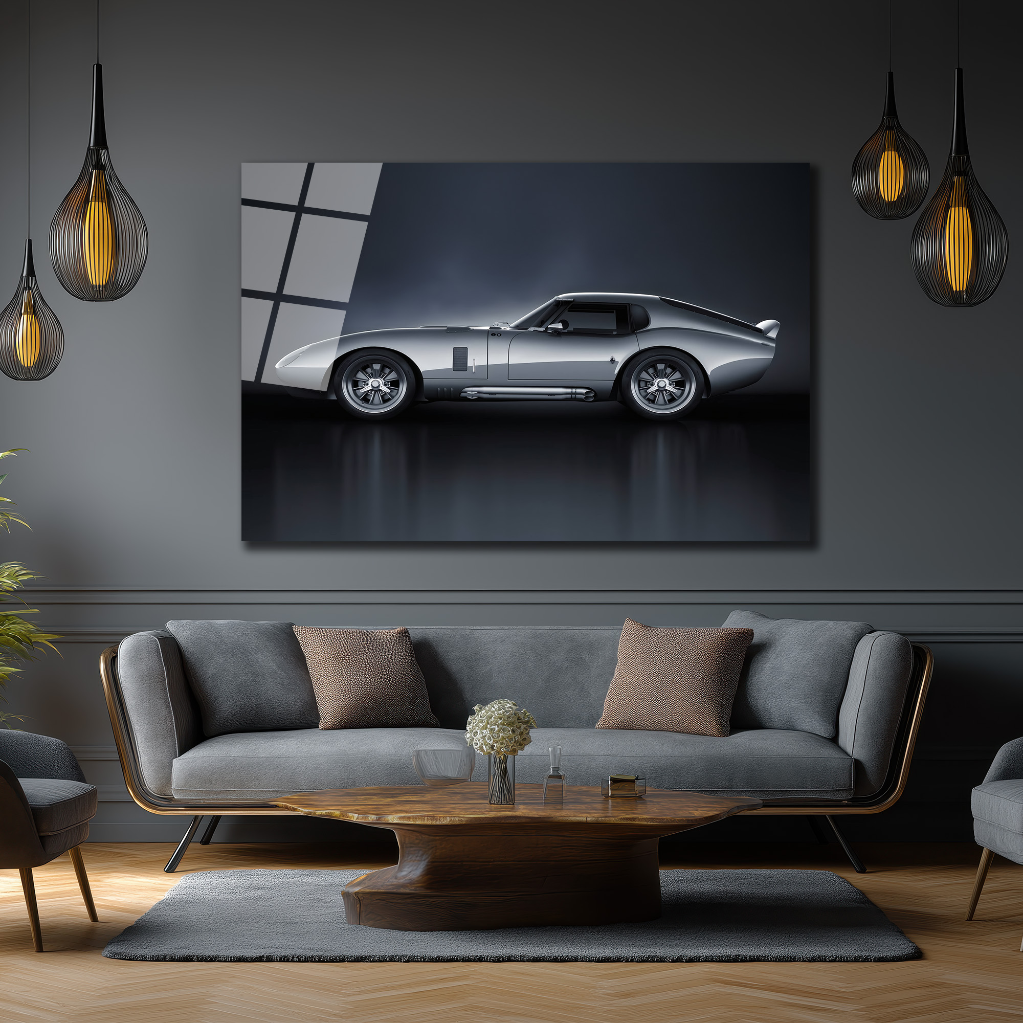 Efsanevi Gümüş Spor Otomobil Cam Tablo - Shelby Daytona Coupe Duvar Dekoru Efsanevi Gümüş Spor Otomobil Cam Tablo - Shelby Daytona Coupe