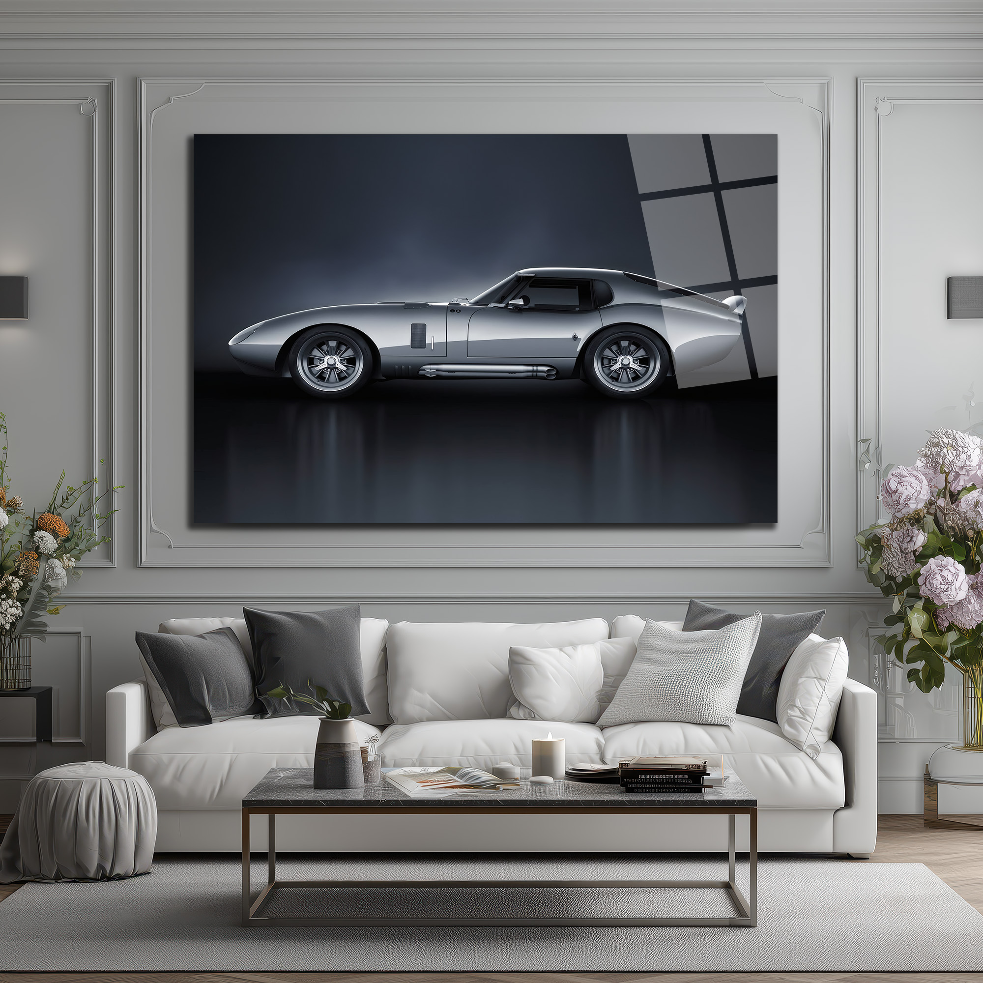 Efsanevi Gümüş Spor Otomobil Cam Tablo - Shelby Daytona Coupe Duvar Dekoru Efsanevi Gümüş Spor Otomobil Cam Tablo - Shelby Daytona Coupe