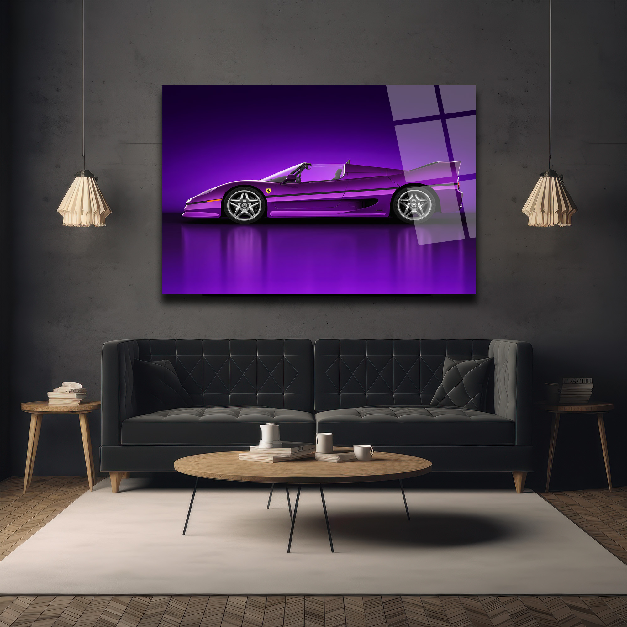 Mor Ferrari F50 Spor Araba Cam Tablo - Hız ve Asalet Duvar Dekoru Mor Ferrari F50 Spor Araba Cam Tablo - Hız ve Asalet