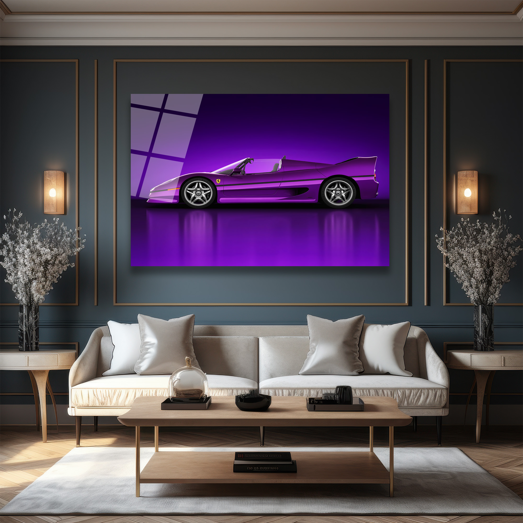 Mor Ferrari F50 Spor Araba Cam Tablo - Hız ve Asalet Duvar Dekoru Mor Ferrari F50 Spor Araba Cam Tablo - Hız ve Asalet
