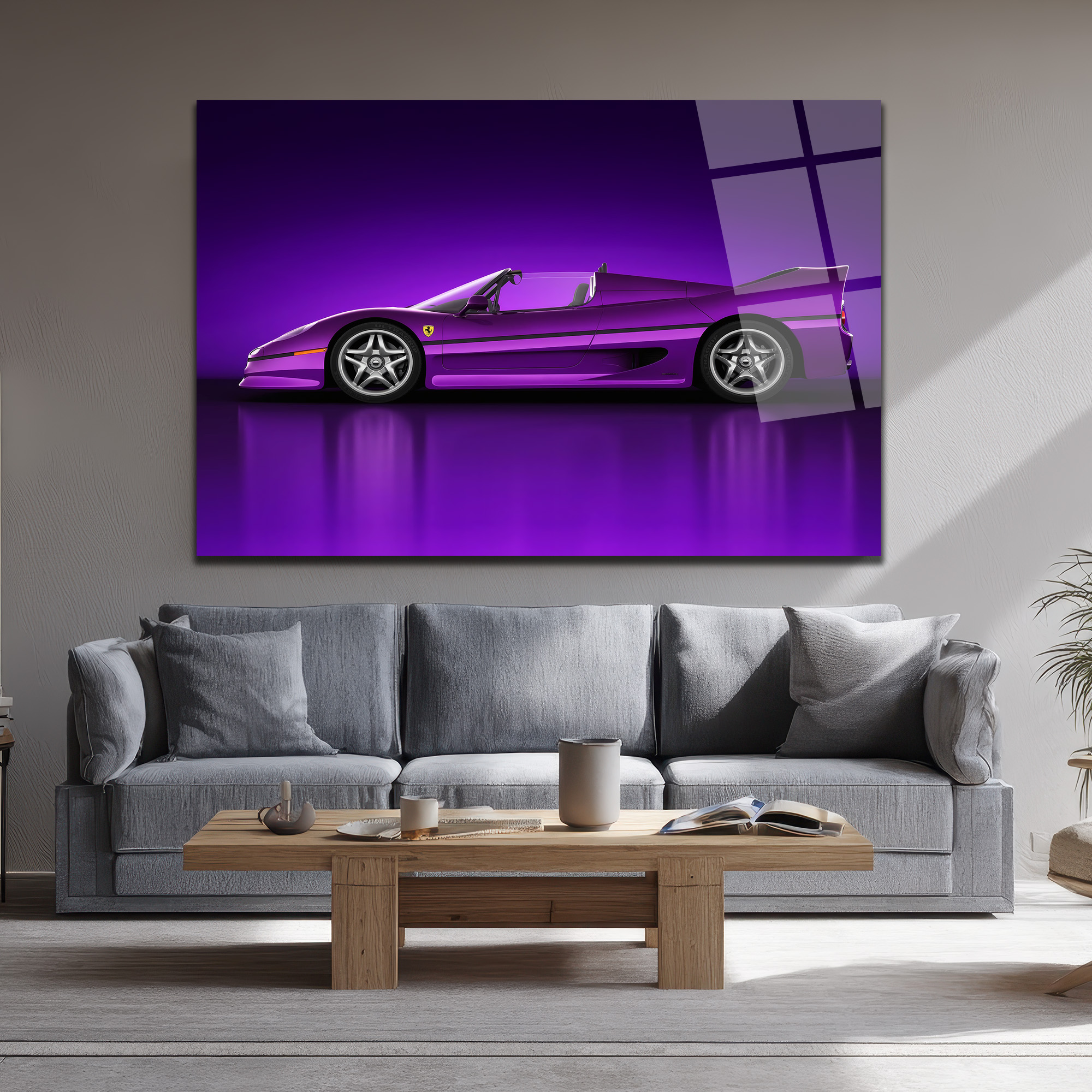 Mor Ferrari F50 Spor Araba Cam Tablo - Hız ve Asalet Duvar Dekoru Mor Ferrari F50 Spor Araba Cam Tablo - Hız ve Asalet