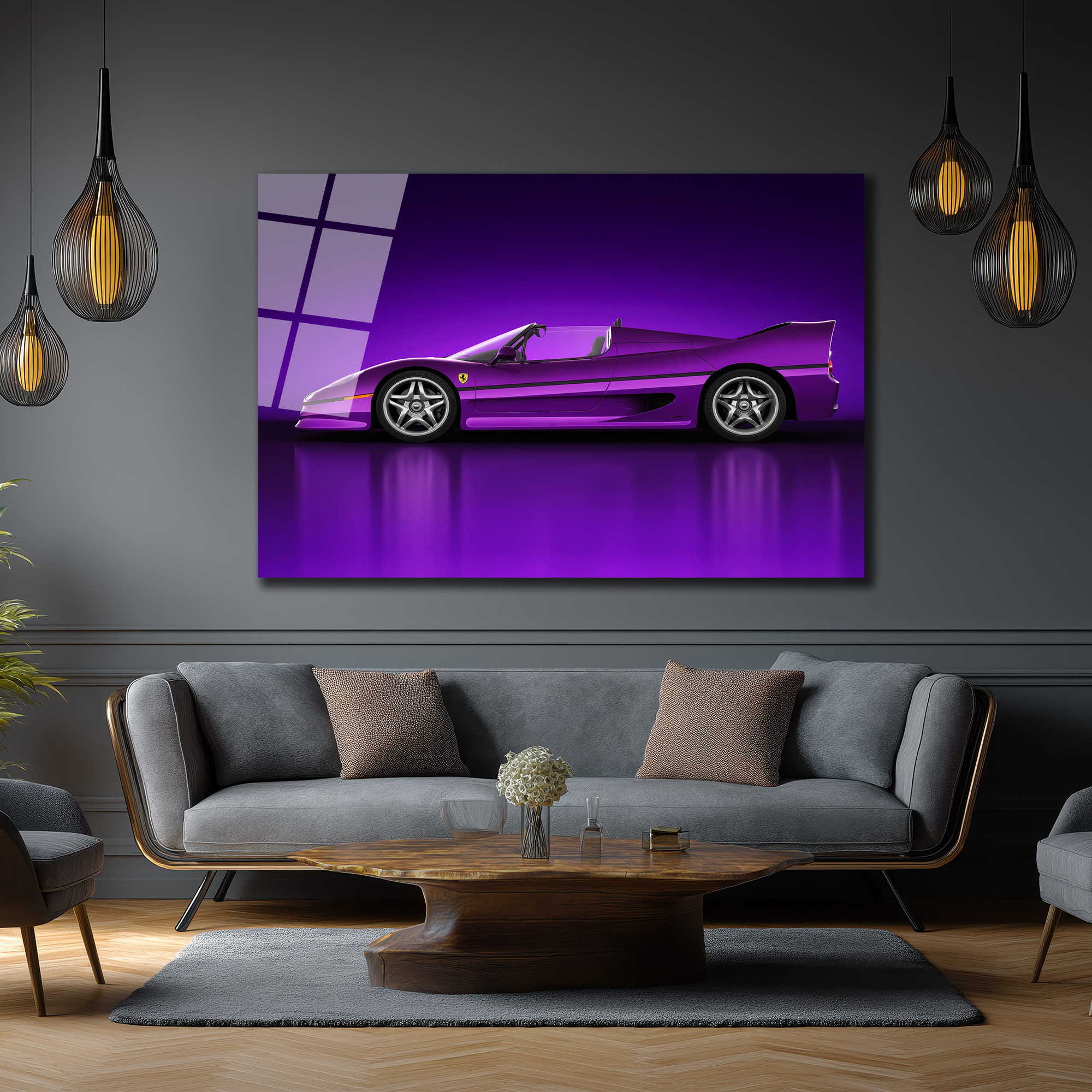 Mor Ferrari F50 Spor Araba Cam Tablo - Hız ve Asalet Duvar Dekoru Mor Ferrari F50 Spor Araba Cam Tablo - Hız ve Asalet