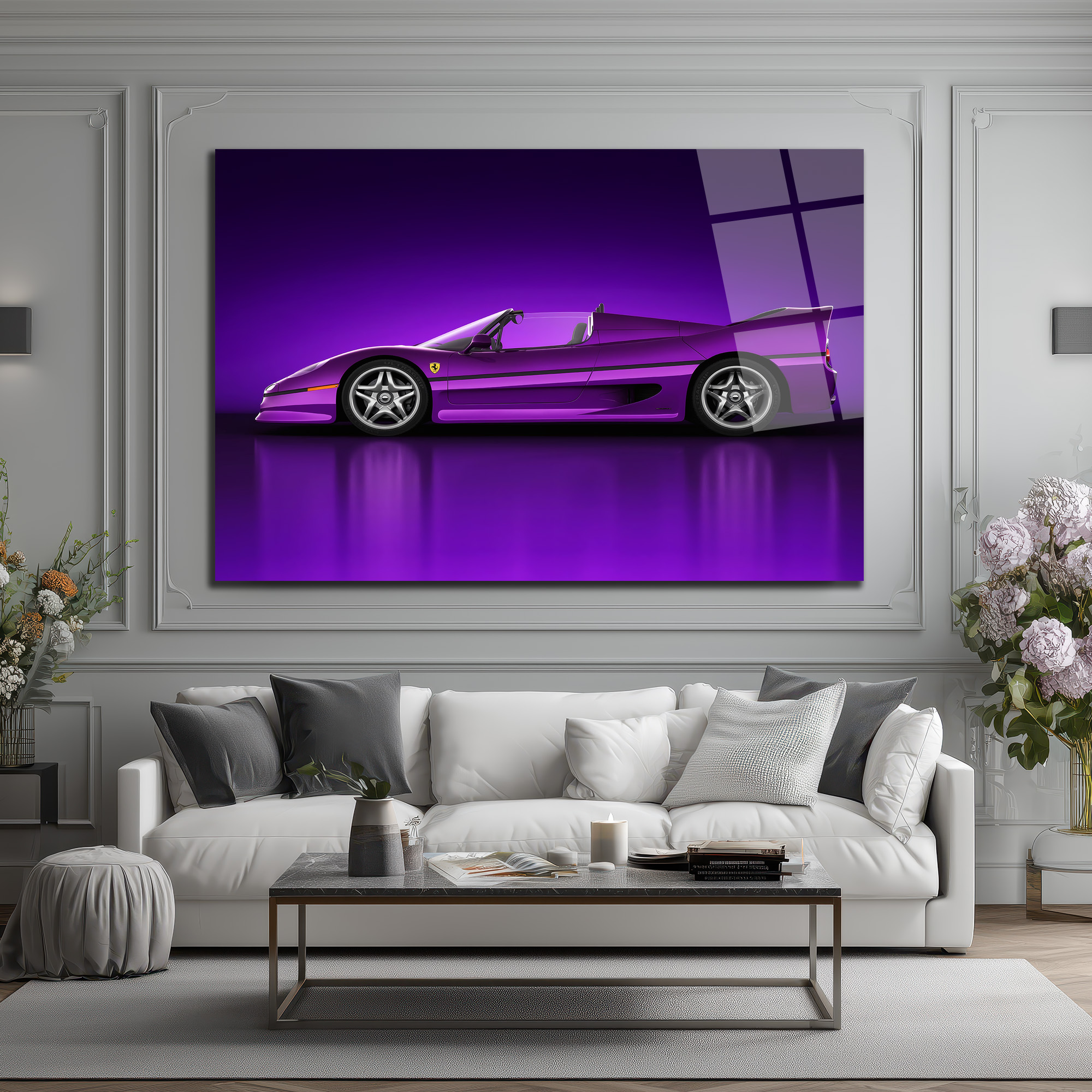 Mor Ferrari F50 Spor Araba Cam Tablo - Hız ve Asalet Duvar Dekoru Mor Ferrari F50 Spor Araba Cam Tablo - Hız ve Asalet