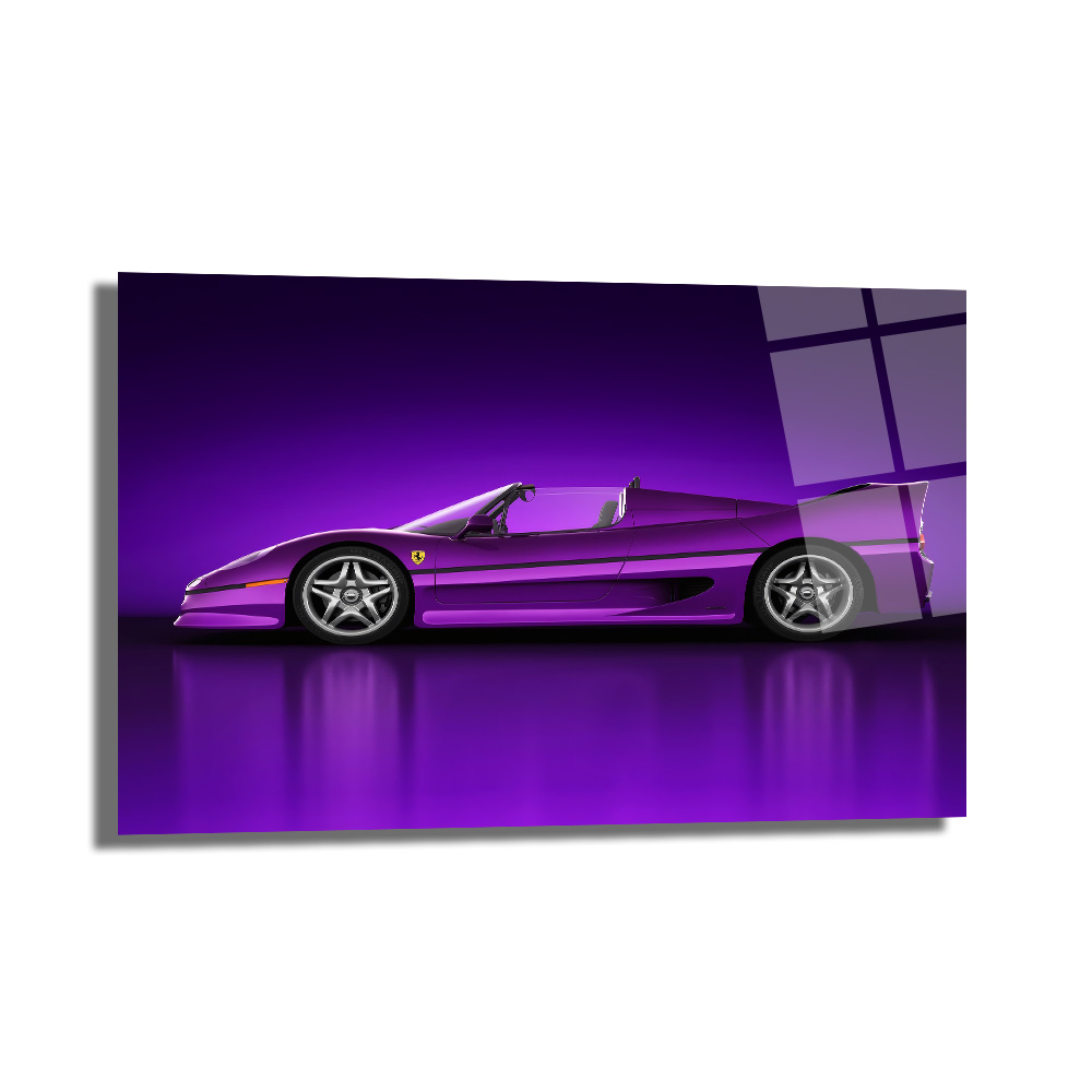 Mor Ferrari F50 Spor Araba Cam Tablo - Hız ve Asalet Duvar Dekoru Mor renkte bir Ferrari F50 spor arabanın mor bir stüdyo arka planında, yansımasıyla birlikte yandan çekilmiş fotoğrafı. Ürünün cam tablo olduğunu gösteren hafif parlaklık ve çerçeve yansımaları mevcut.