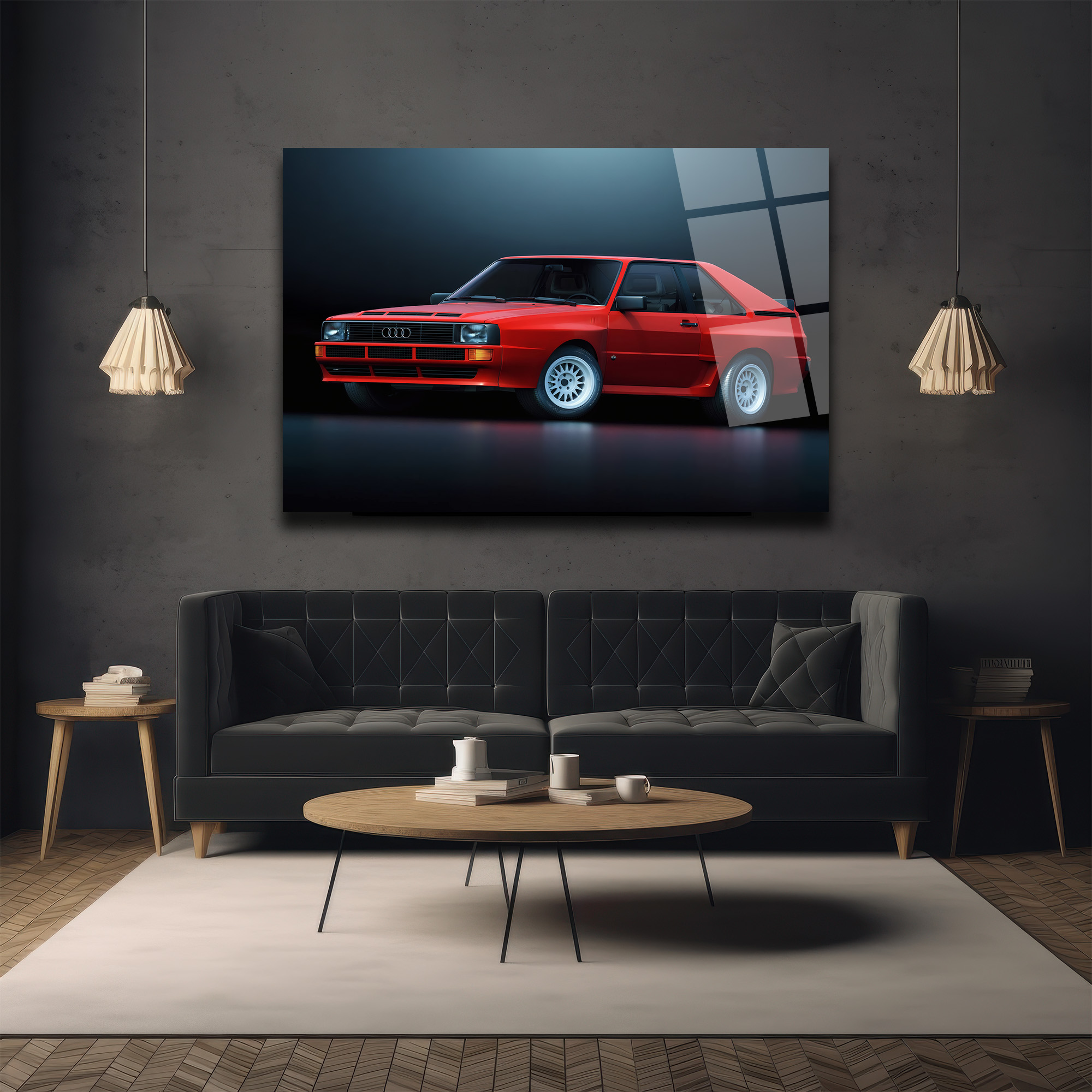 Efsanevi Kırmızı Audi Quattro Spor Araba Cam Tablo Duvar Dekoru Efsanevi Kırmızı Audi Quattro Spor Araba Cam Tablo