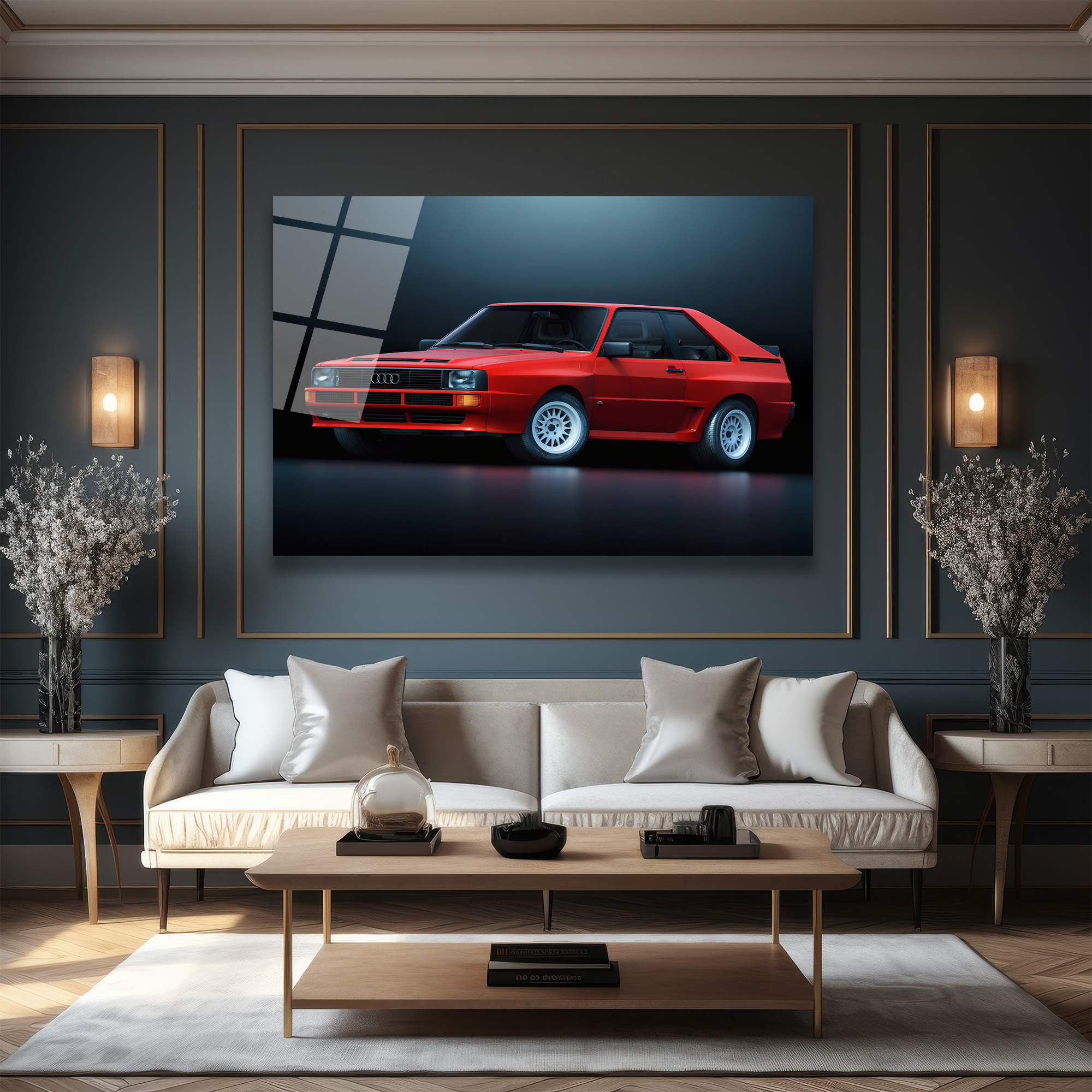 Efsanevi Kırmızı Audi Quattro Spor Araba Cam Tablo Duvar Dekoru Efsanevi Kırmızı Audi Quattro Spor Araba Cam Tablo