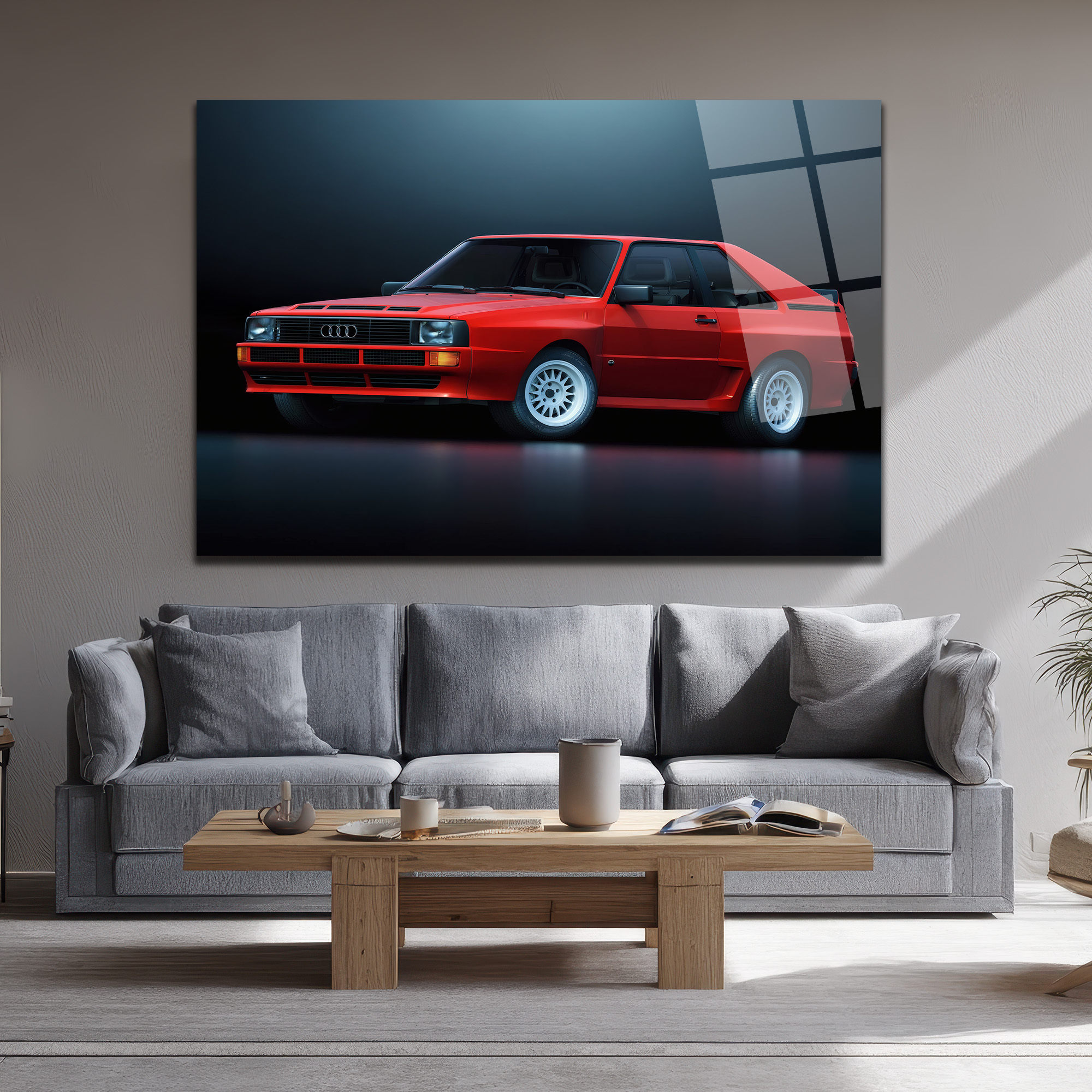 Efsanevi Kırmızı Audi Quattro Spor Araba Cam Tablo Duvar Dekoru Efsanevi Kırmızı Audi Quattro Spor Araba Cam Tablo
