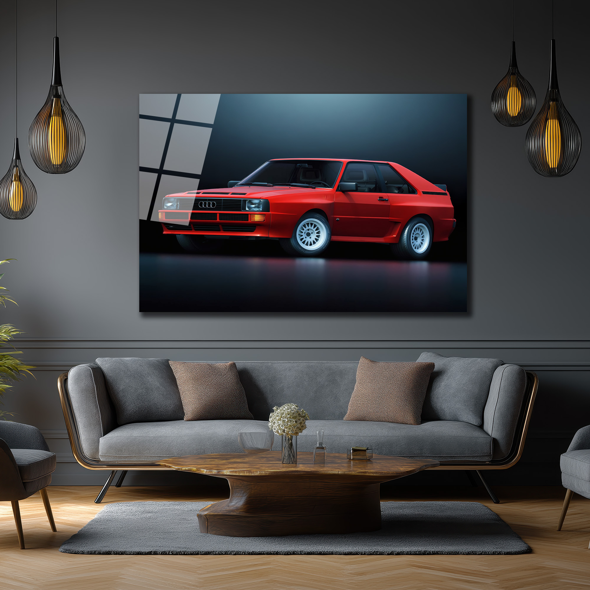 Efsanevi Kırmızı Audi Quattro Spor Araba Cam Tablo Duvar Dekoru Efsanevi Kırmızı Audi Quattro Spor Araba Cam Tablo