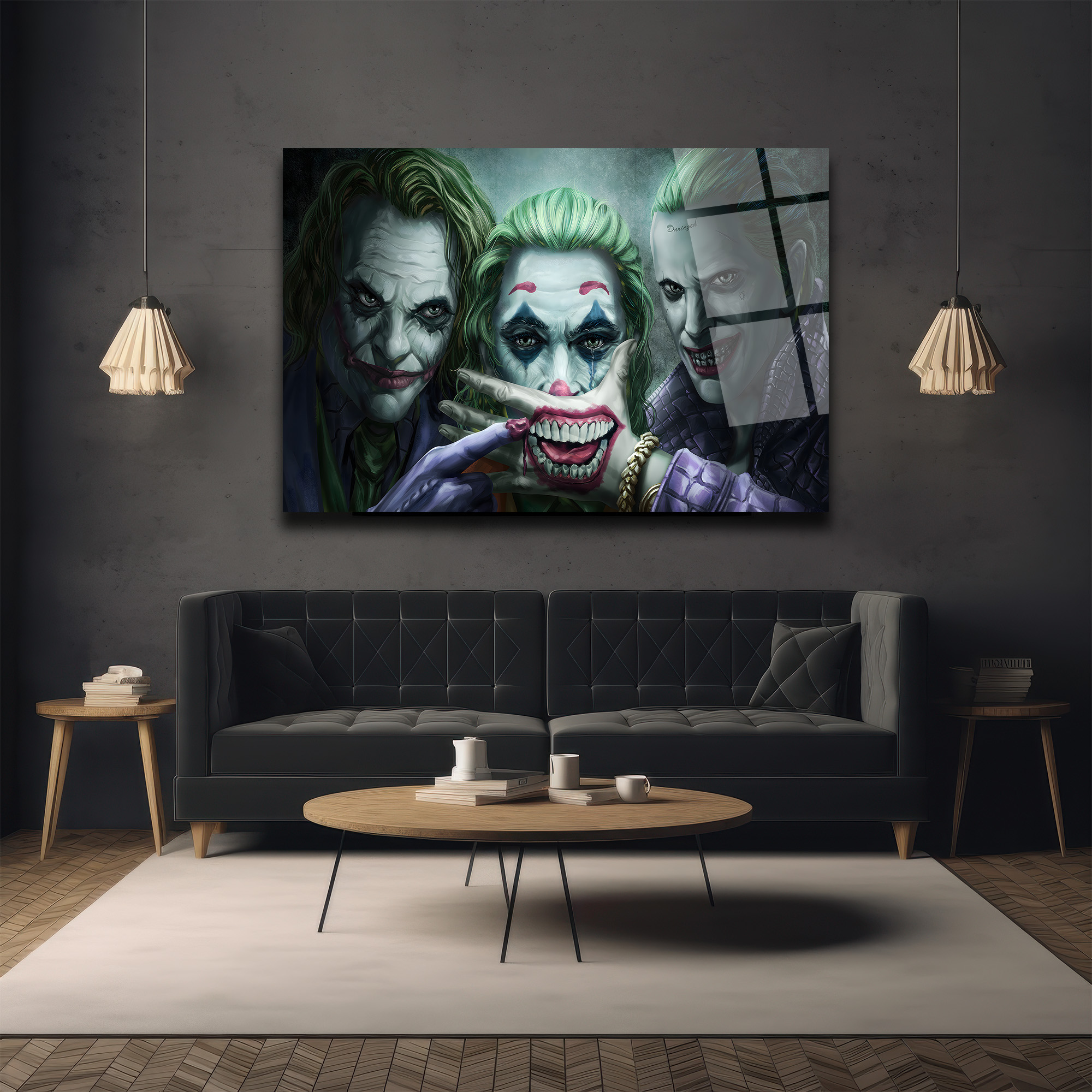 Joker Evrimi: Üç İkonik Yüz Cam Tablo Duvar Dekoru Joker Evrimi: Üç İkonik Yüz Cam Tablo
