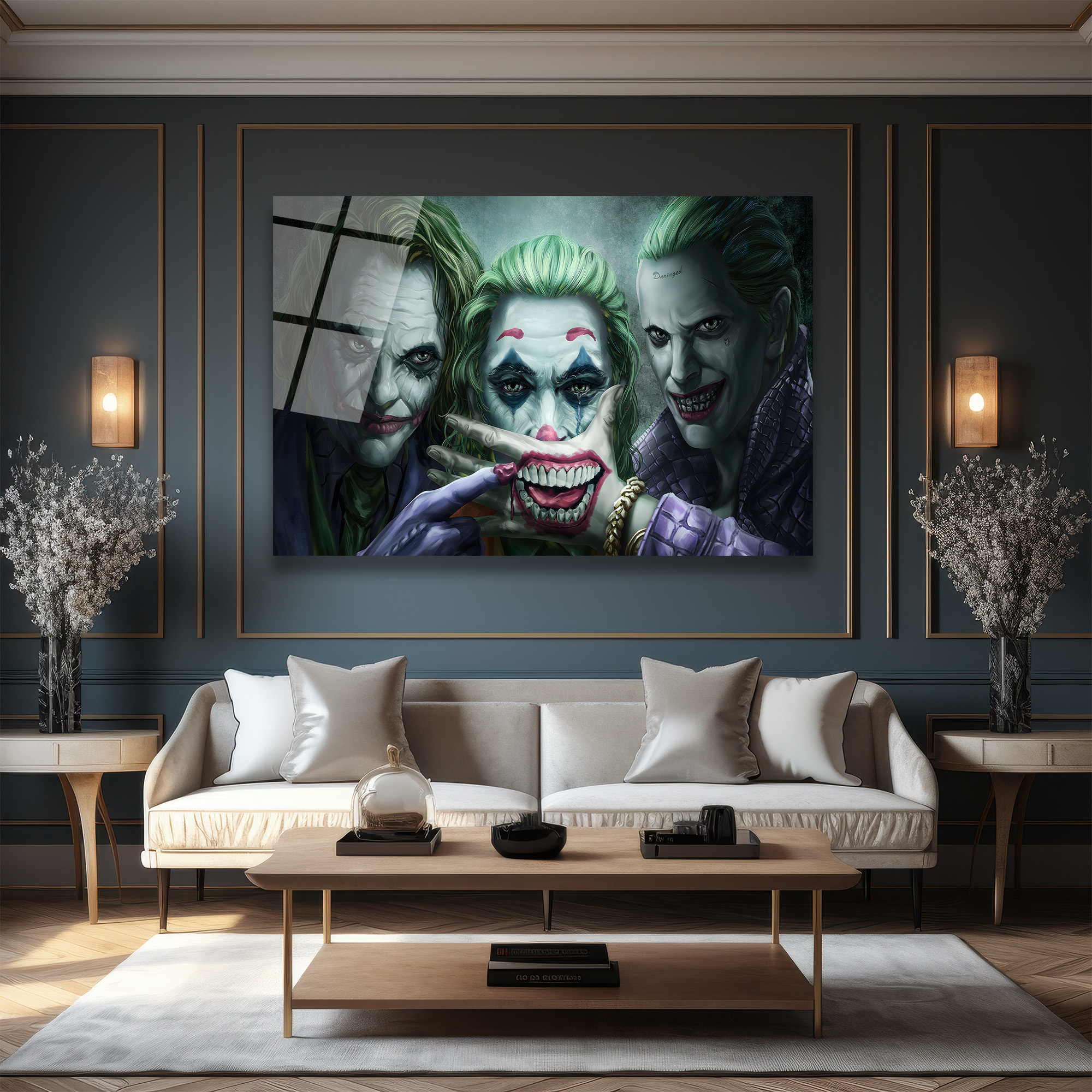 Joker Evrimi: Üç İkonik Yüz Cam Tablo Duvar Dekoru Joker Evrimi: Üç İkonik Yüz Cam Tablo