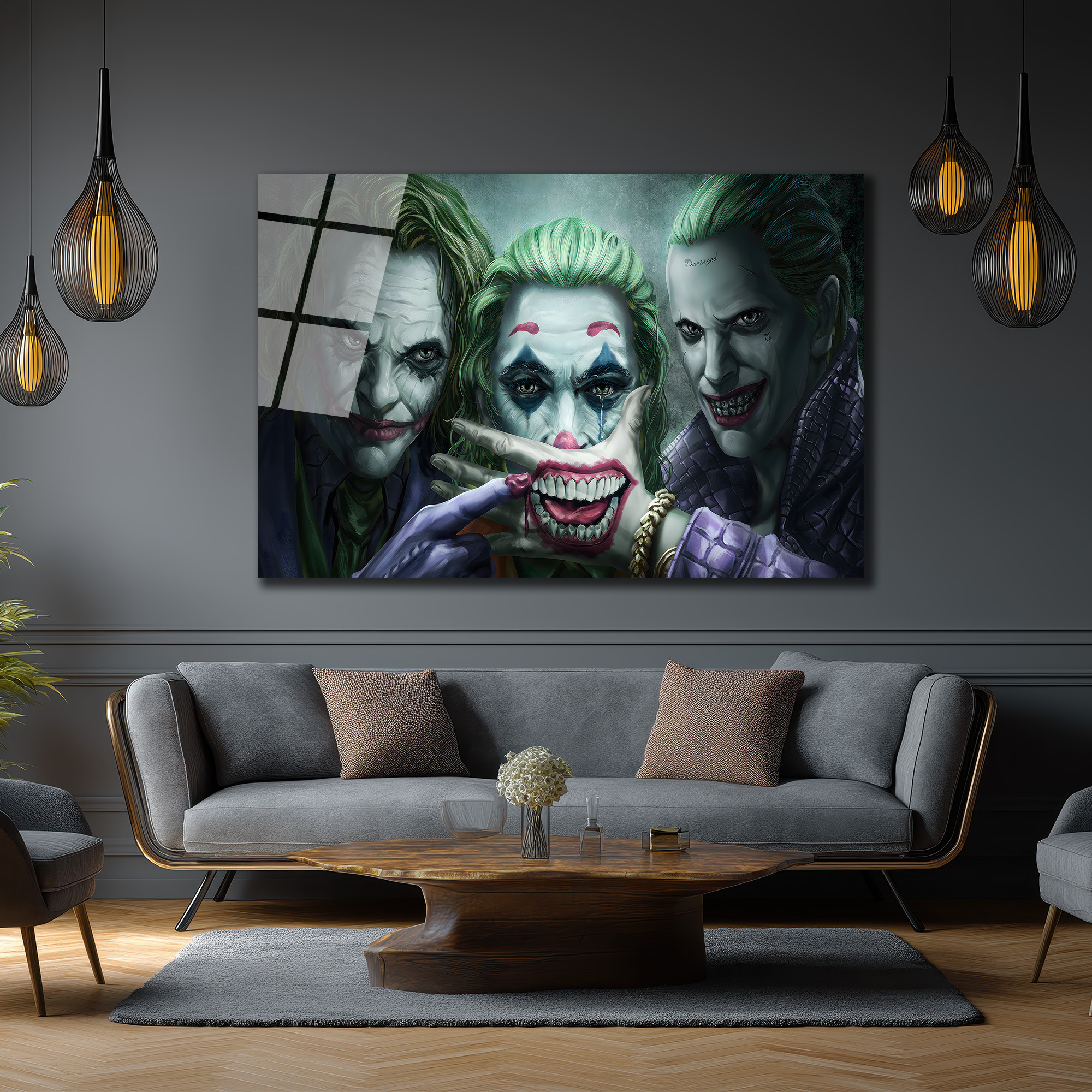 Joker Evrimi: Üç İkonik Yüz Cam Tablo Duvar Dekoru Joker Evrimi: Üç İkonik Yüz Cam Tablo
