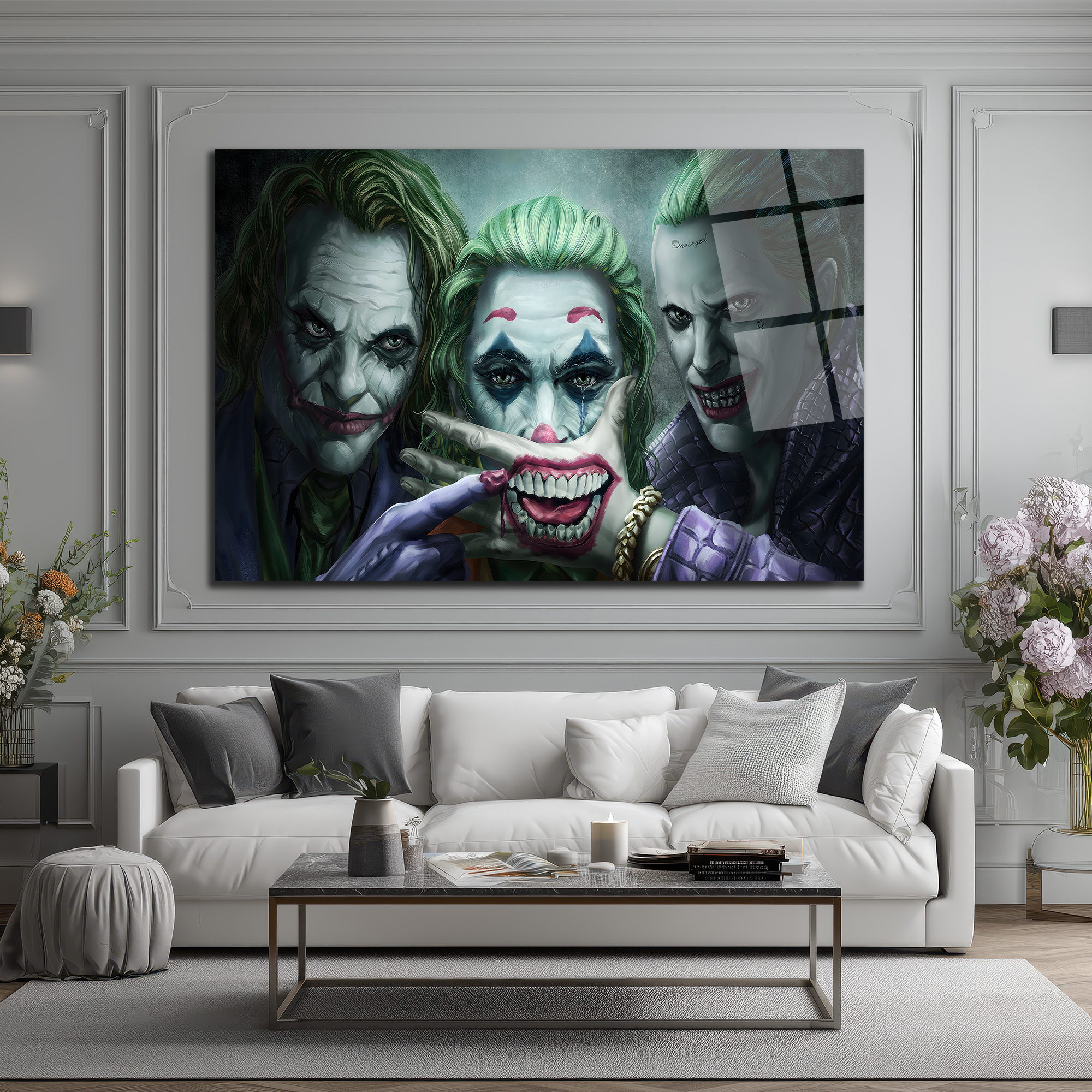 Joker Evrimi: Üç İkonik Yüz Cam Tablo Duvar Dekoru Joker Evrimi: Üç İkonik Yüz Cam Tablo