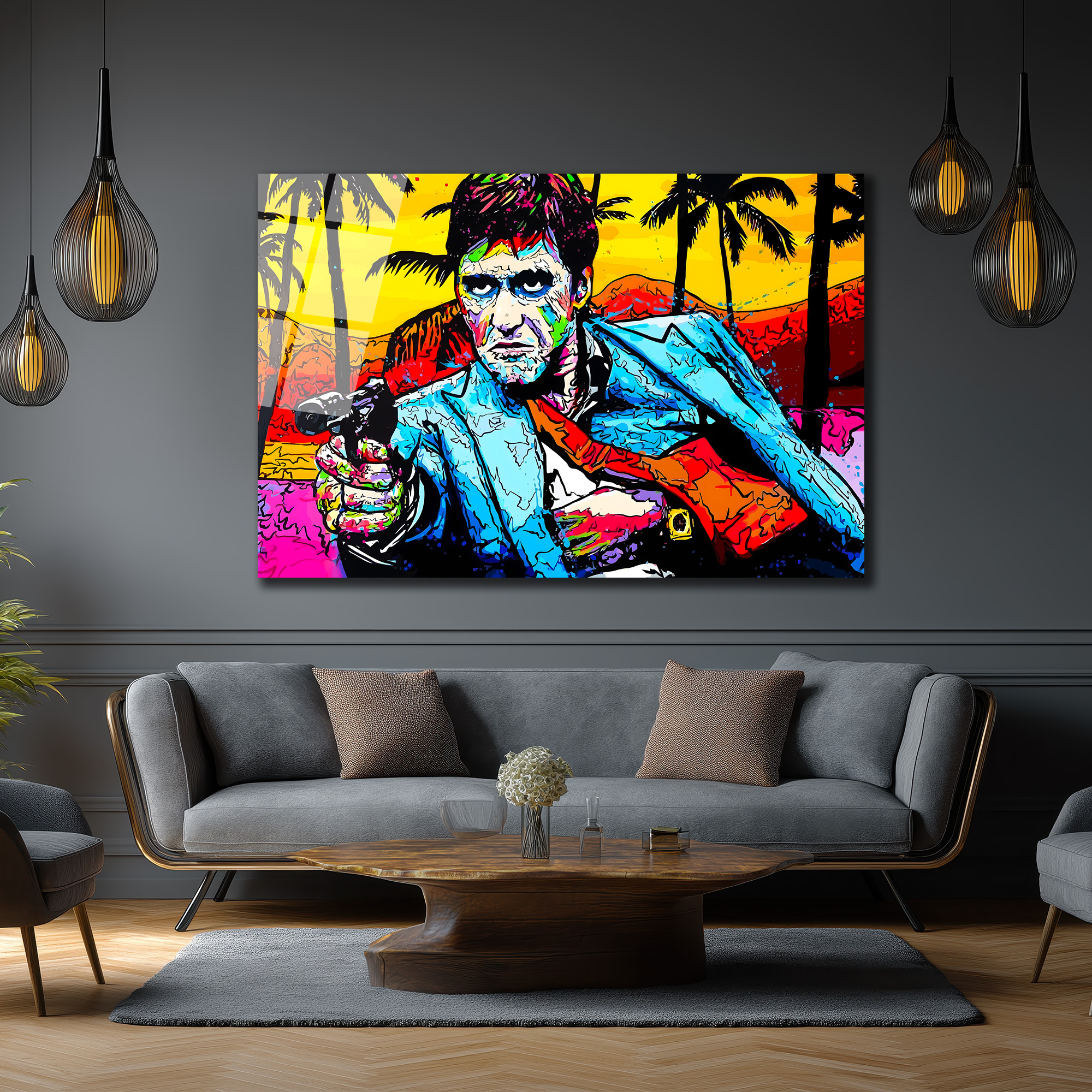 Tony Montana Pop Art Efsanesi Renkli Cam Tablo Duvar Dekoru Tony Montana Pop Art Efsanesi Renkli Cam Tablo