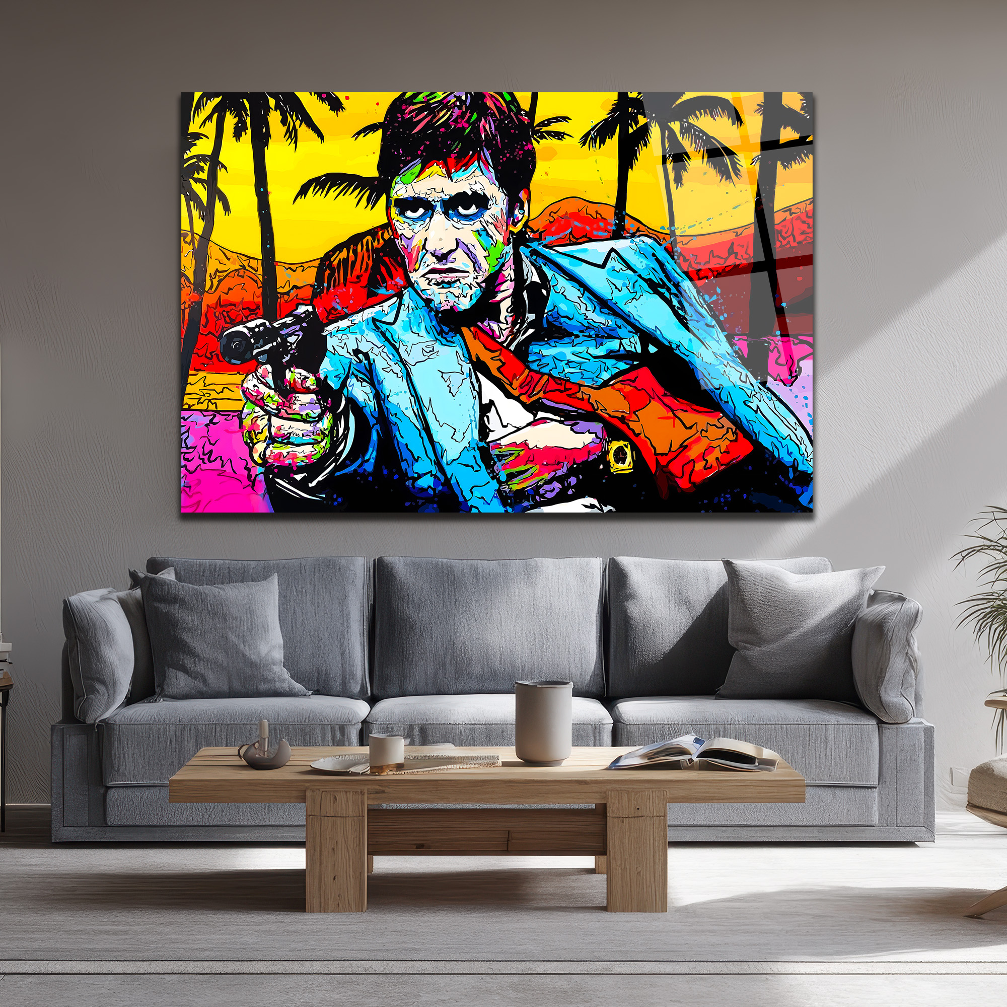 Tony Montana Pop Art Efsanesi Renkli Cam Tablo Duvar Dekoru Tony Montana Pop Art Efsanesi Renkli Cam Tablo