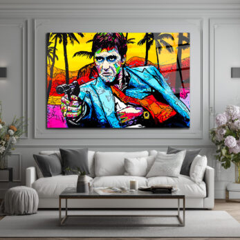 Tony Montana Pop Art Efsanesi Renkli Cam Tablo - Glazella Tony Montana Pop Art Efsanesi Renkli Cam Tablo - Glazella