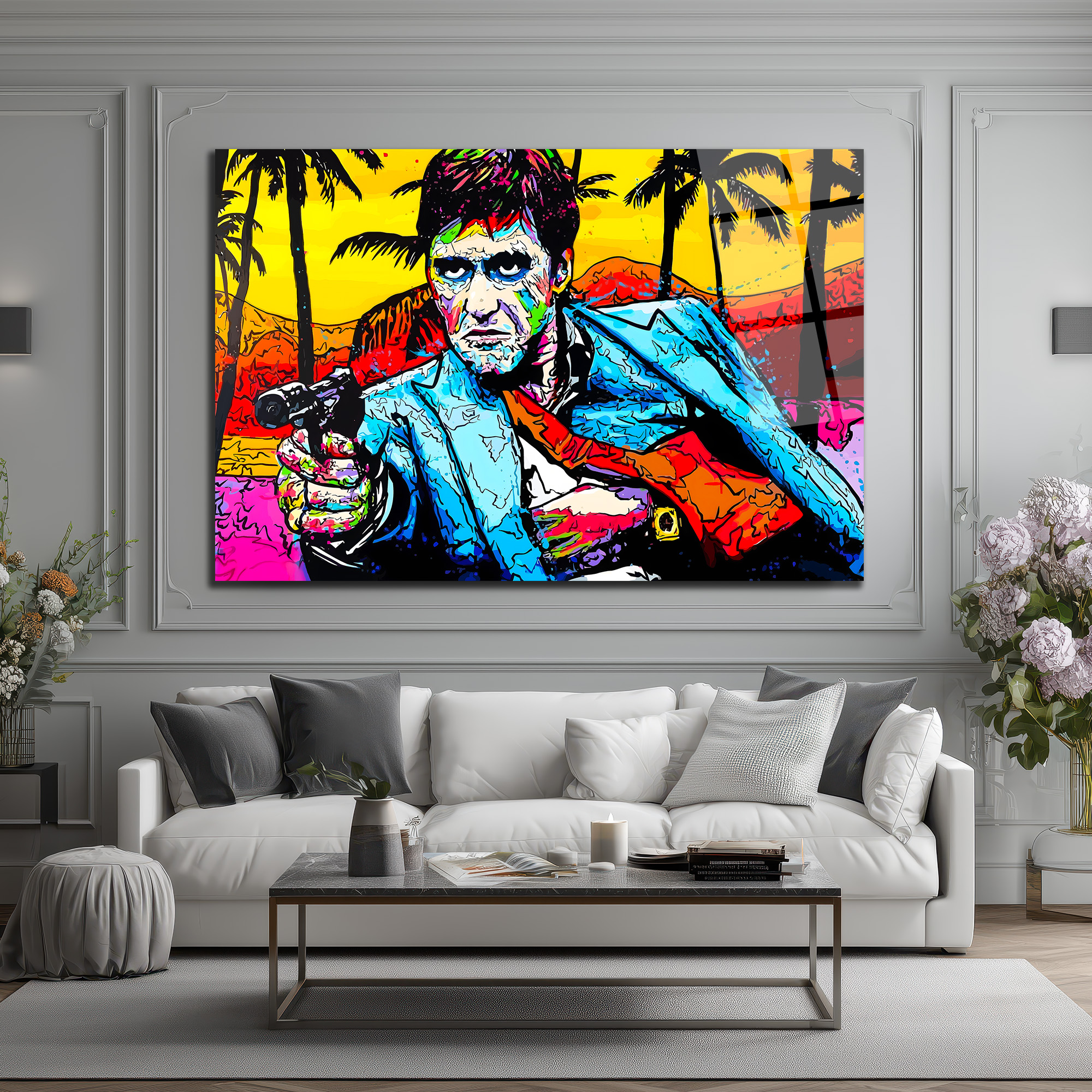 Tony Montana Pop Art Efsanesi Renkli Cam Tablo Duvar Dekoru Tony Montana Pop Art Efsanesi Renkli Cam Tablo