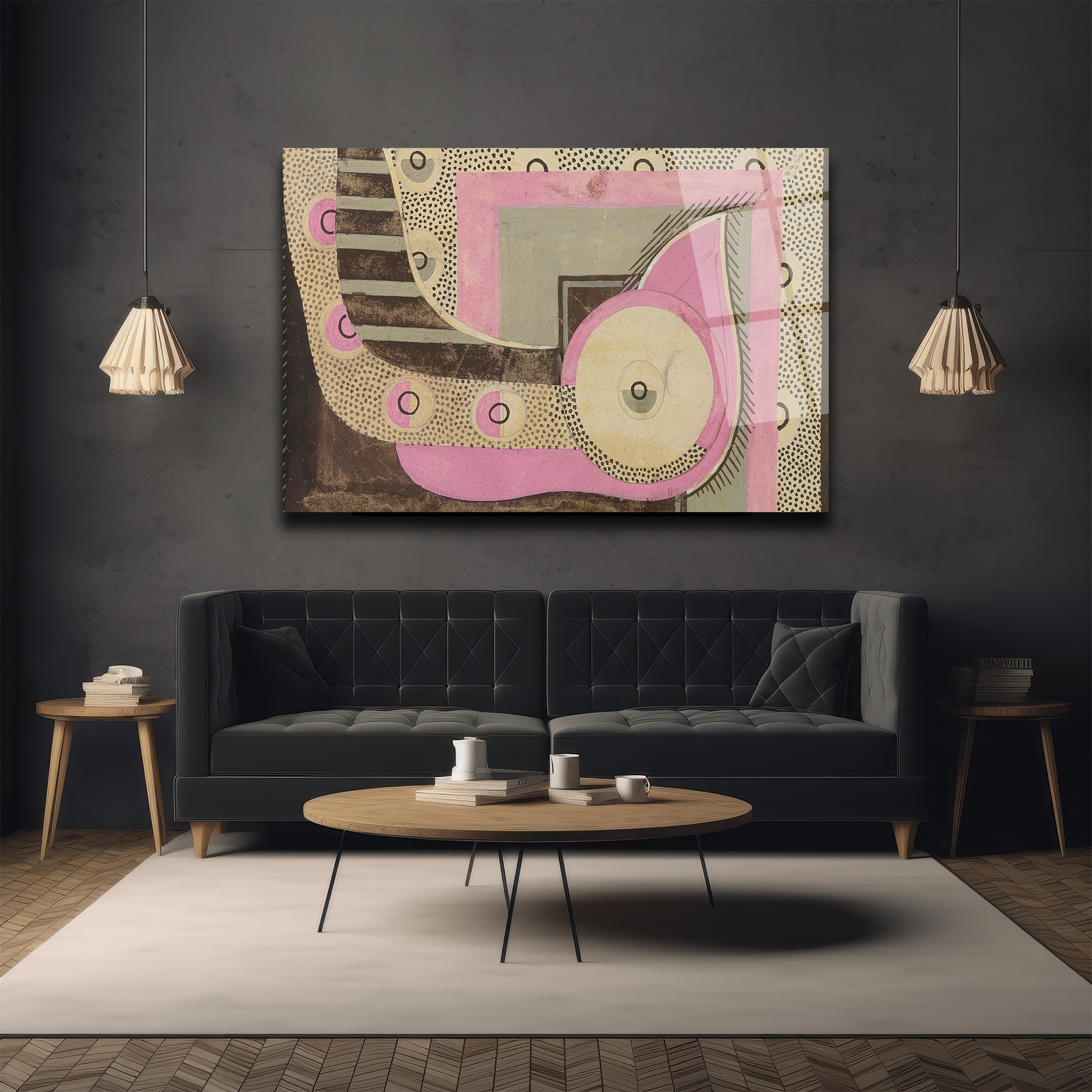 Modern Sanat Pembe ve Gri Geometrik Desenli Cam Tablo - Glazella Modern Sanat Pembe ve Gri Geometrik Desenli Cam Tablo - Glazella