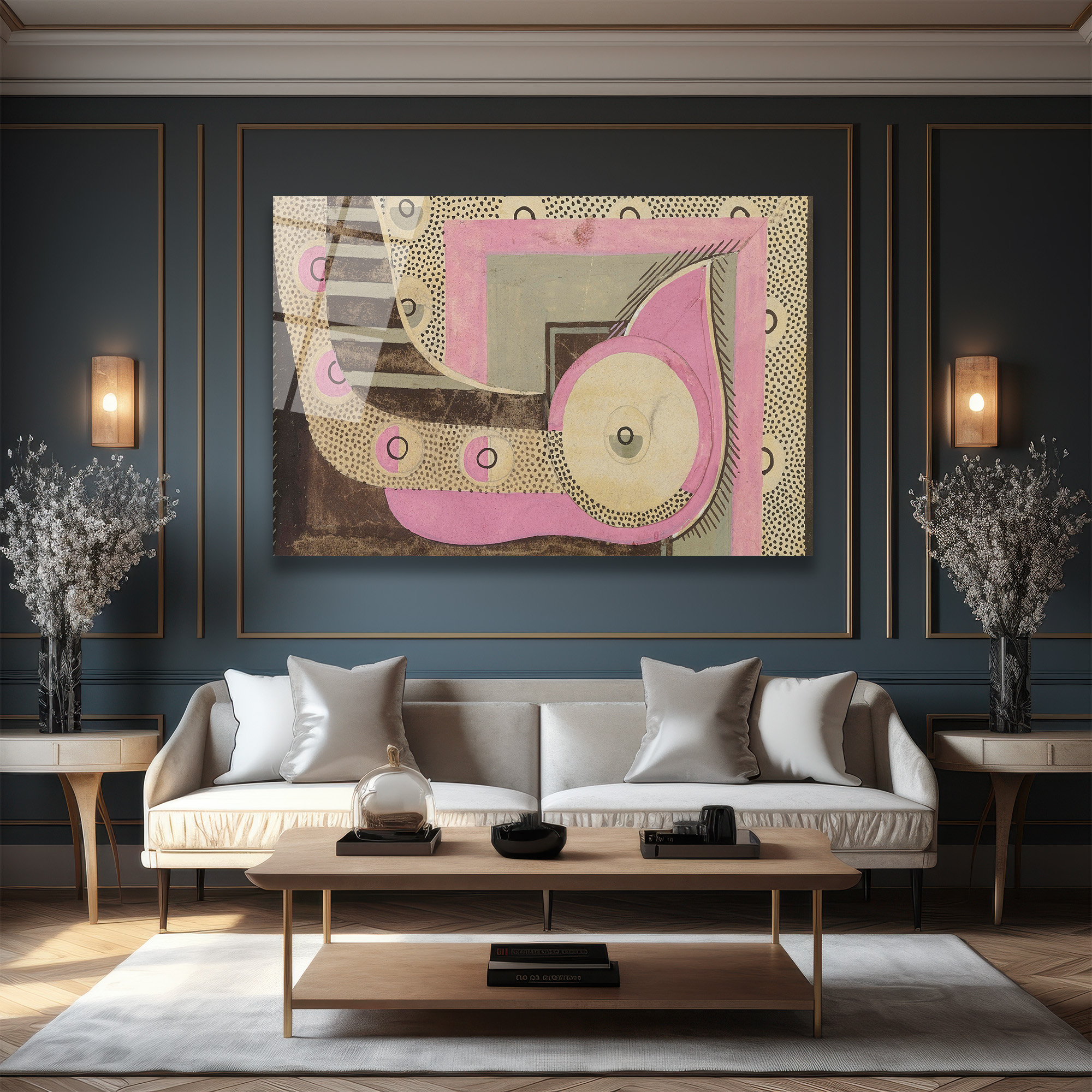 Modern Sanat Pembe ve Gri Geometrik Desenli Cam Tablo - Glazella Modern Sanat Pembe ve Gri Geometrik Desenli Cam Tablo - Glazella