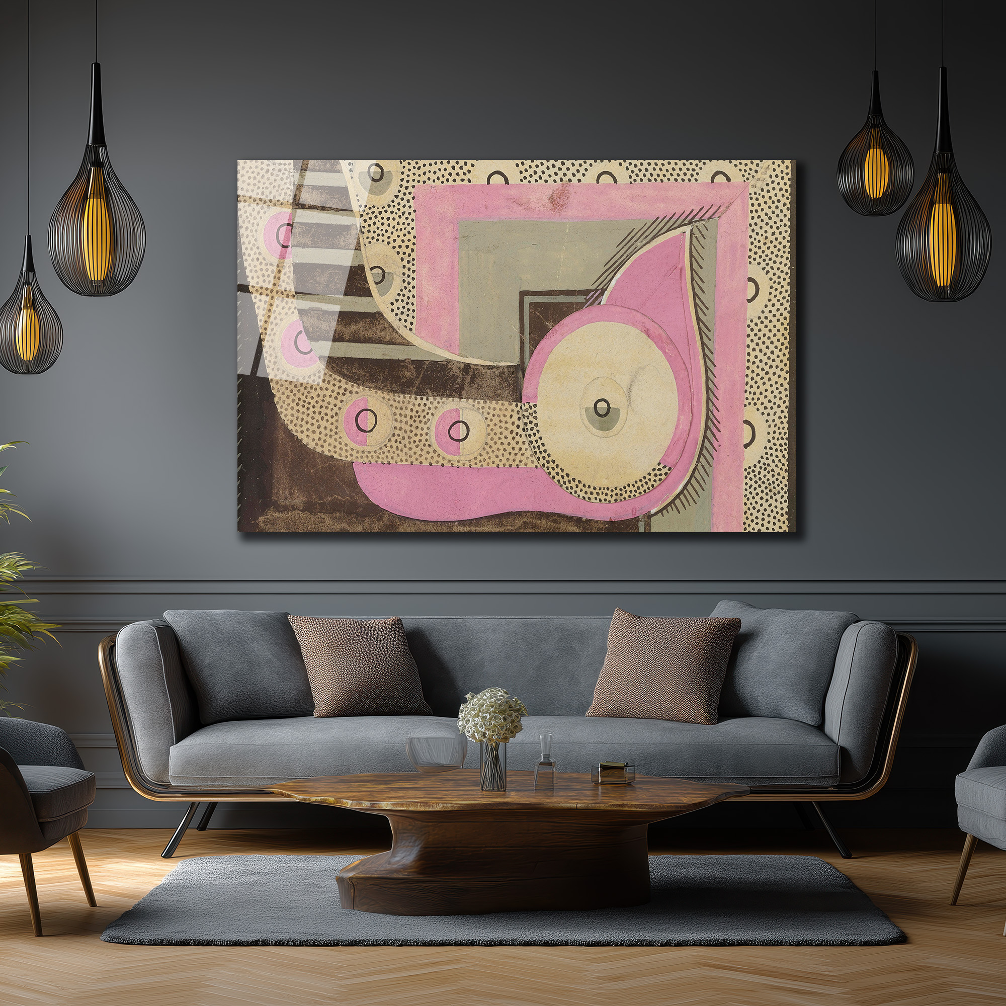 Modern Sanat Pembe ve Gri Geometrik Desenli Cam Tablo - Glazella Modern Sanat Pembe ve Gri Geometrik Desenli Cam Tablo - Glazella
