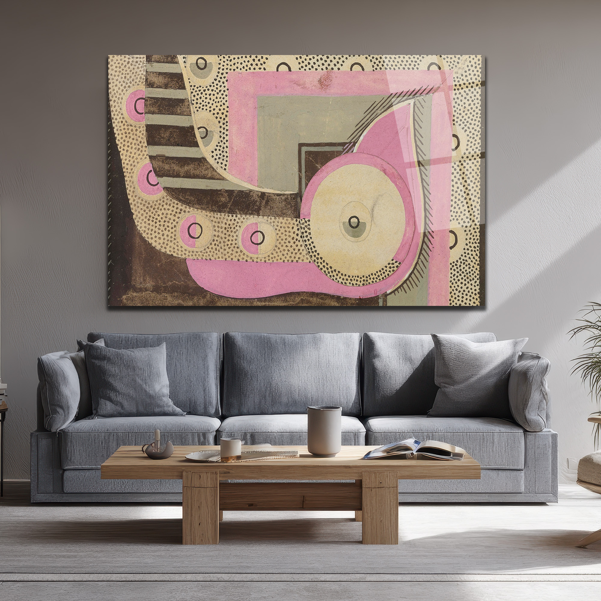 Modern Sanat Pembe ve Gri Geometrik Desenli Cam Tablo - Glazella Modern Sanat Pembe ve Gri Geometrik Desenli Cam Tablo - Glazella