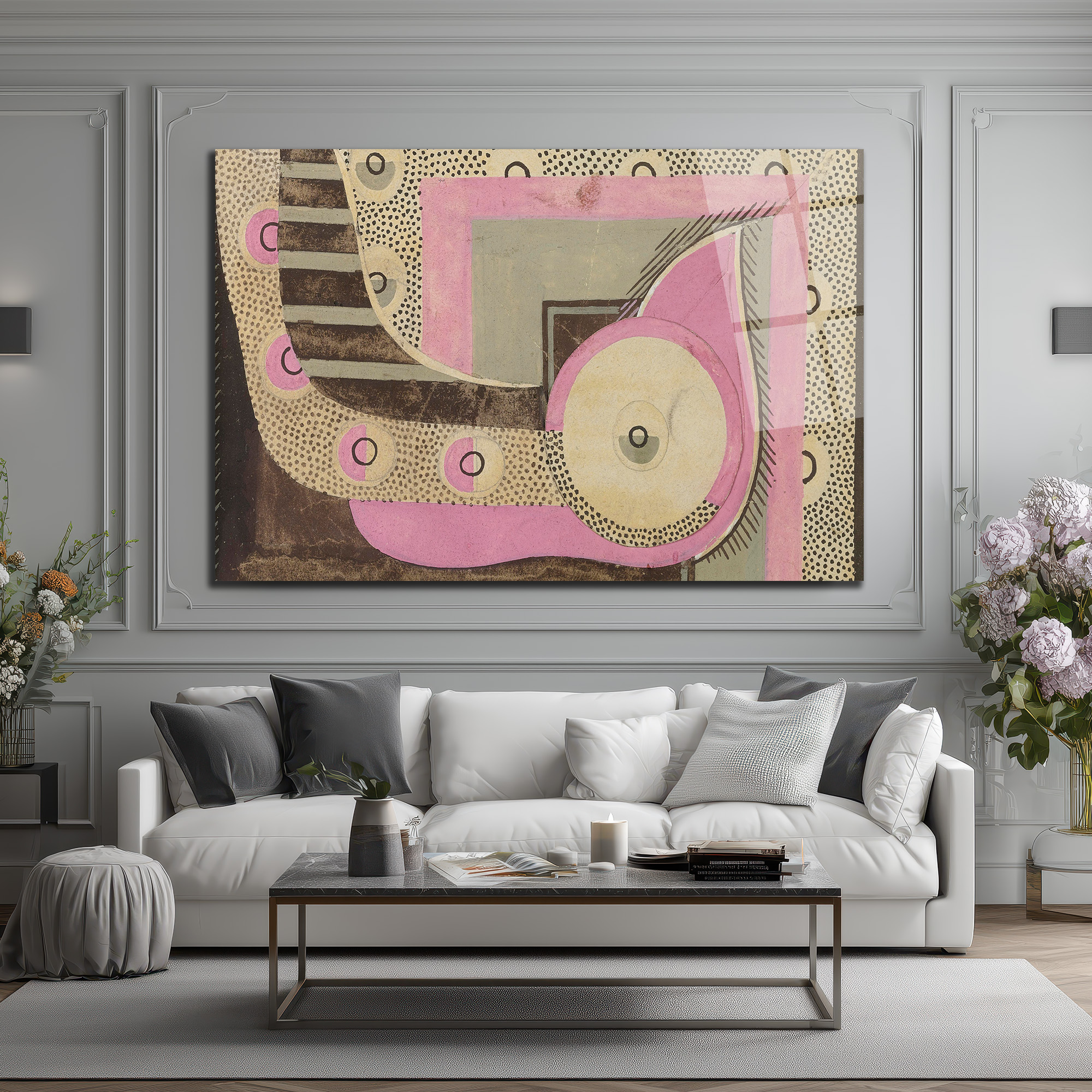 Modern Sanat Pembe ve Gri Geometrik Desenli Cam Tablo - Glazella Modern Sanat Pembe ve Gri Geometrik Desenli Cam Tablo - Glazella