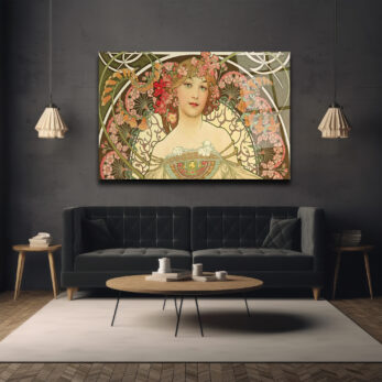 Art Nouveau Zarafeti Çiçekli Kadın Cam Tablo - Glazella