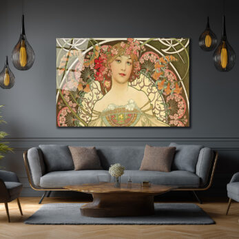Art Nouveau Zarafeti Çiçekli Kadın Cam Tablo - Glazella