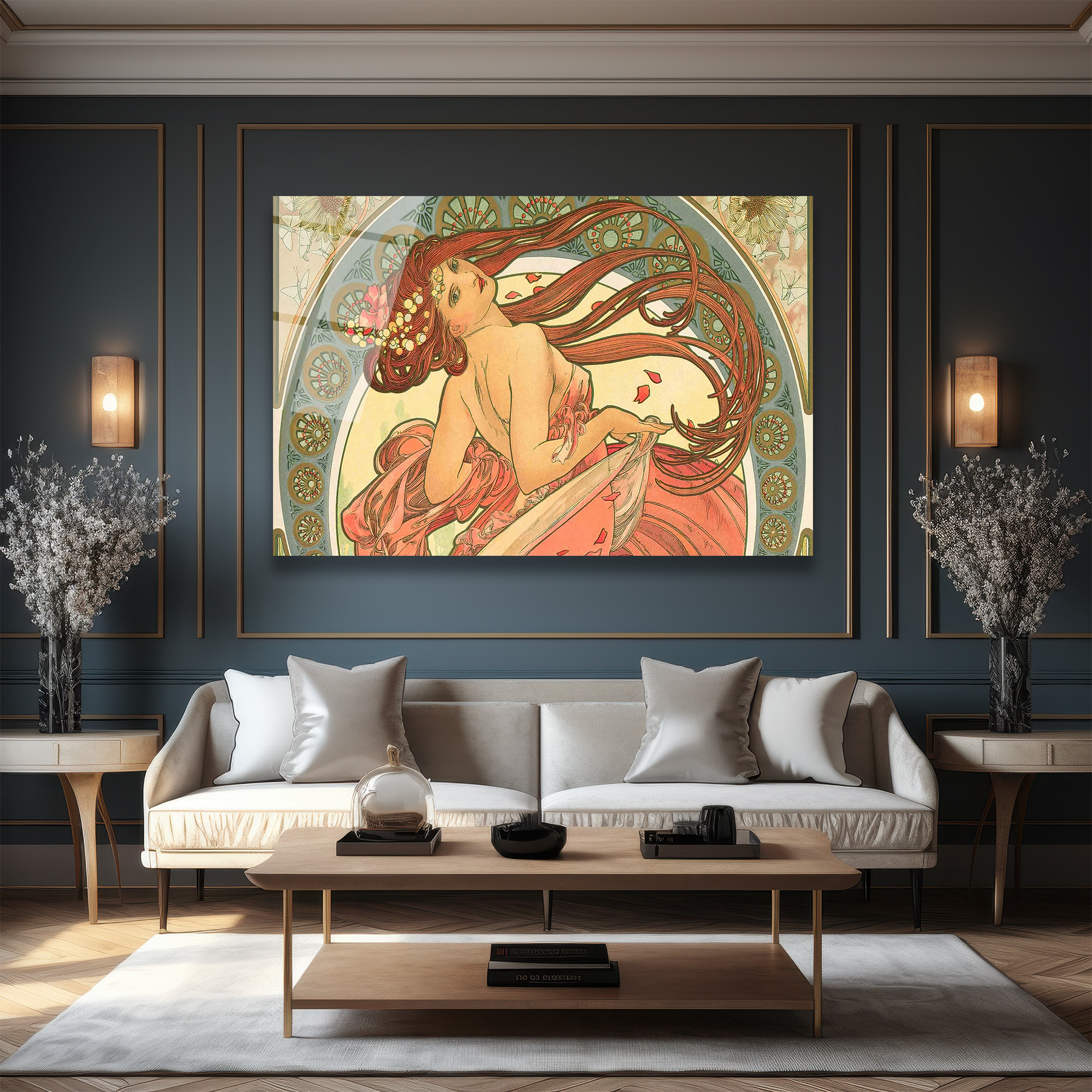 Art Nouveau Zarafeti: Kızıl Saçlı Kadın Cam Tablo - Glazella Art Nouveau Zarafeti: Kızıl Saçlı Kadın Cam Tablo - Glazella