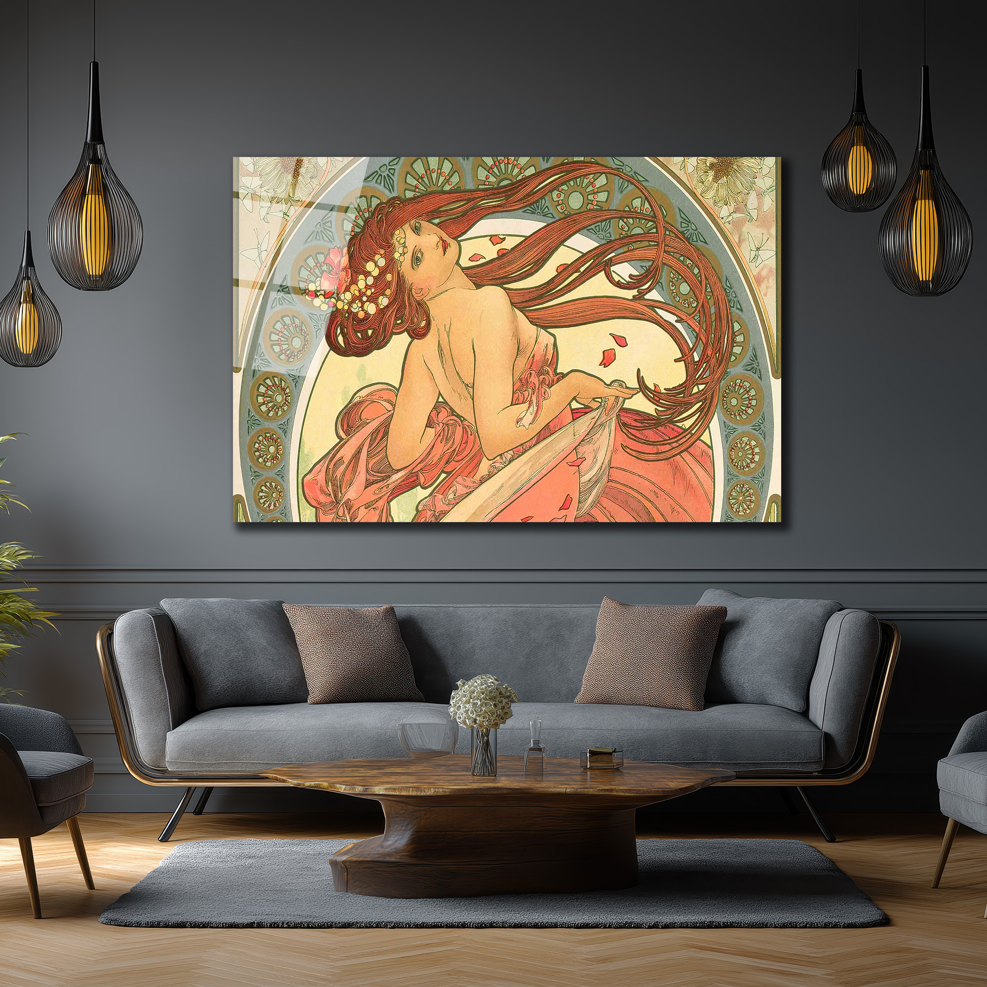 Art Nouveau Zarafeti: Kızıl Saçlı Kadın Cam Tablo - Glazella Art Nouveau Zarafeti: Kızıl Saçlı Kadın Cam Tablo - Glazella